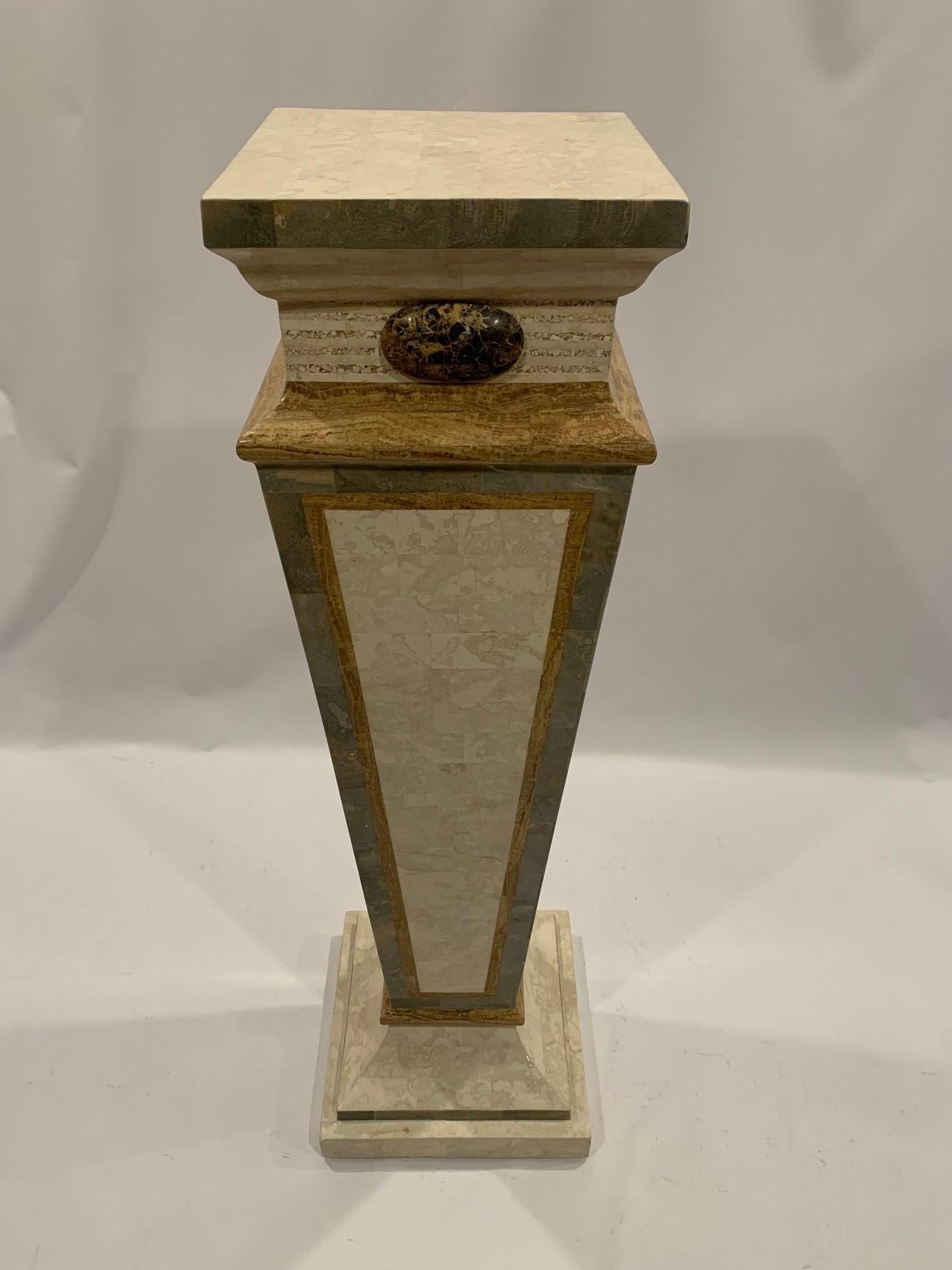 Elegant tessellated stone pedestal in lovely neutral color palette. 
Base is 13