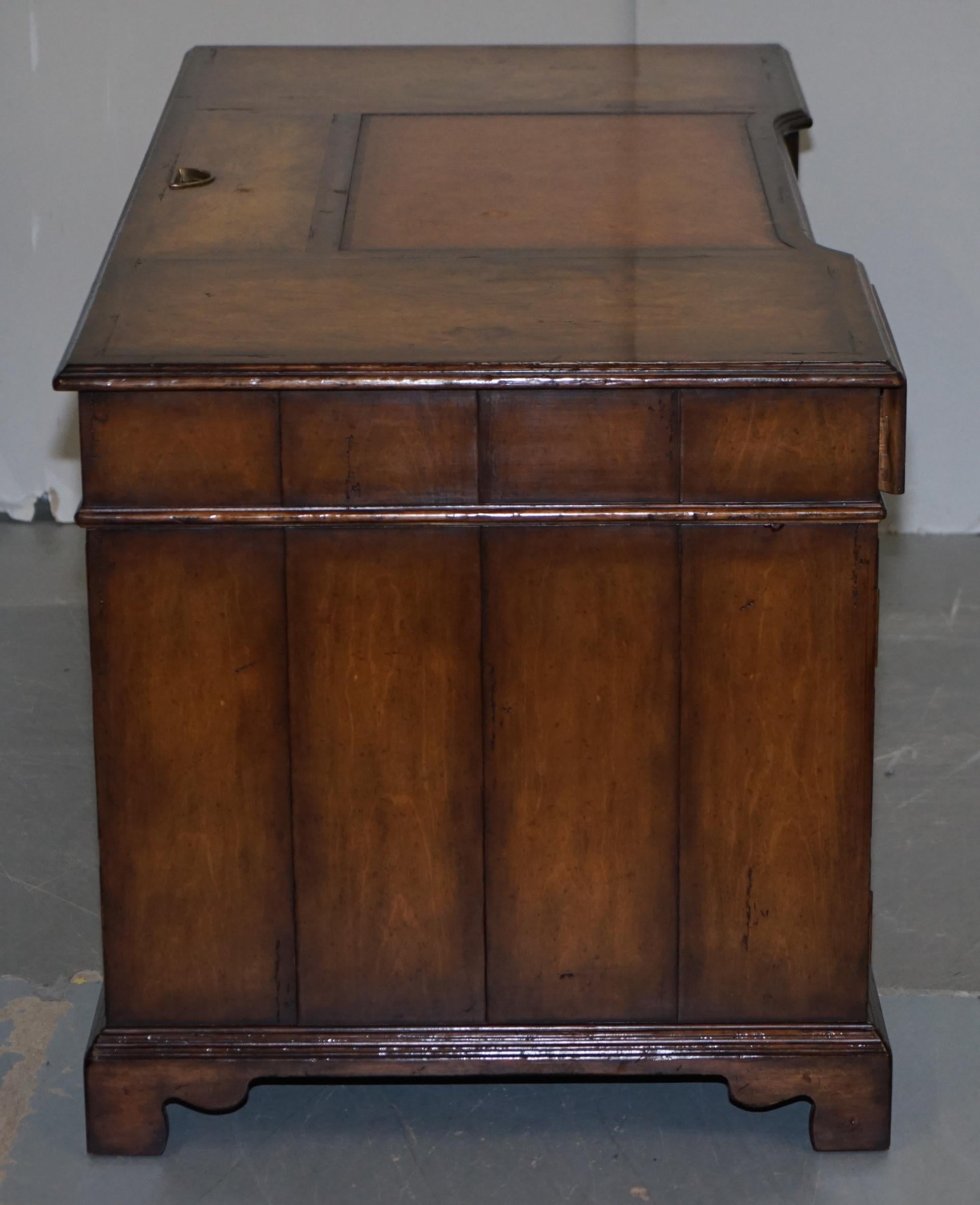20th Century Beautiful Theodore Alexander Walnut & Brown Leather Hidden Computer Partner Desk