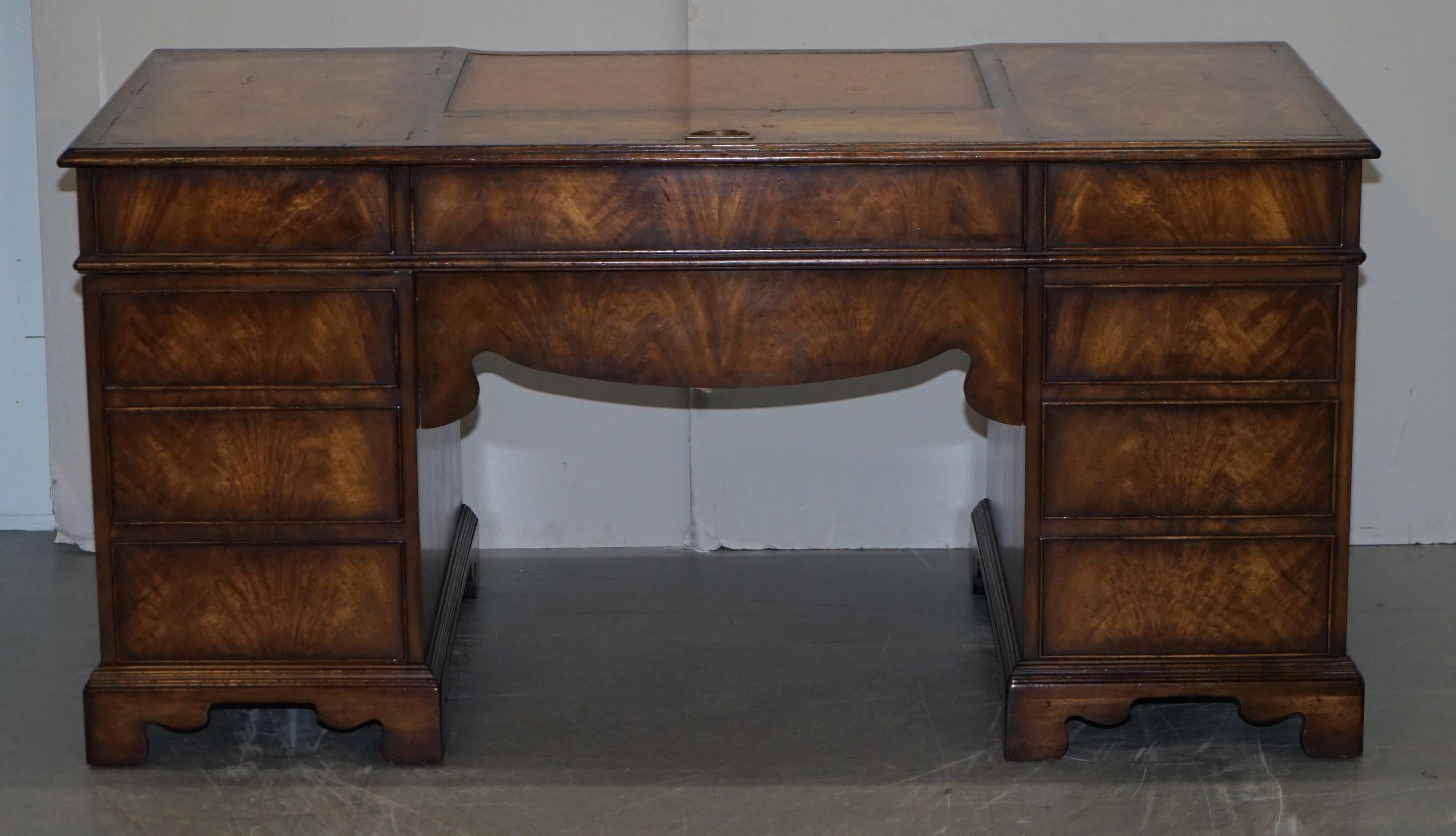 Beautiful Theodore Alexander Walnut & Brown Leather Hidden Computer Partner Desk 2