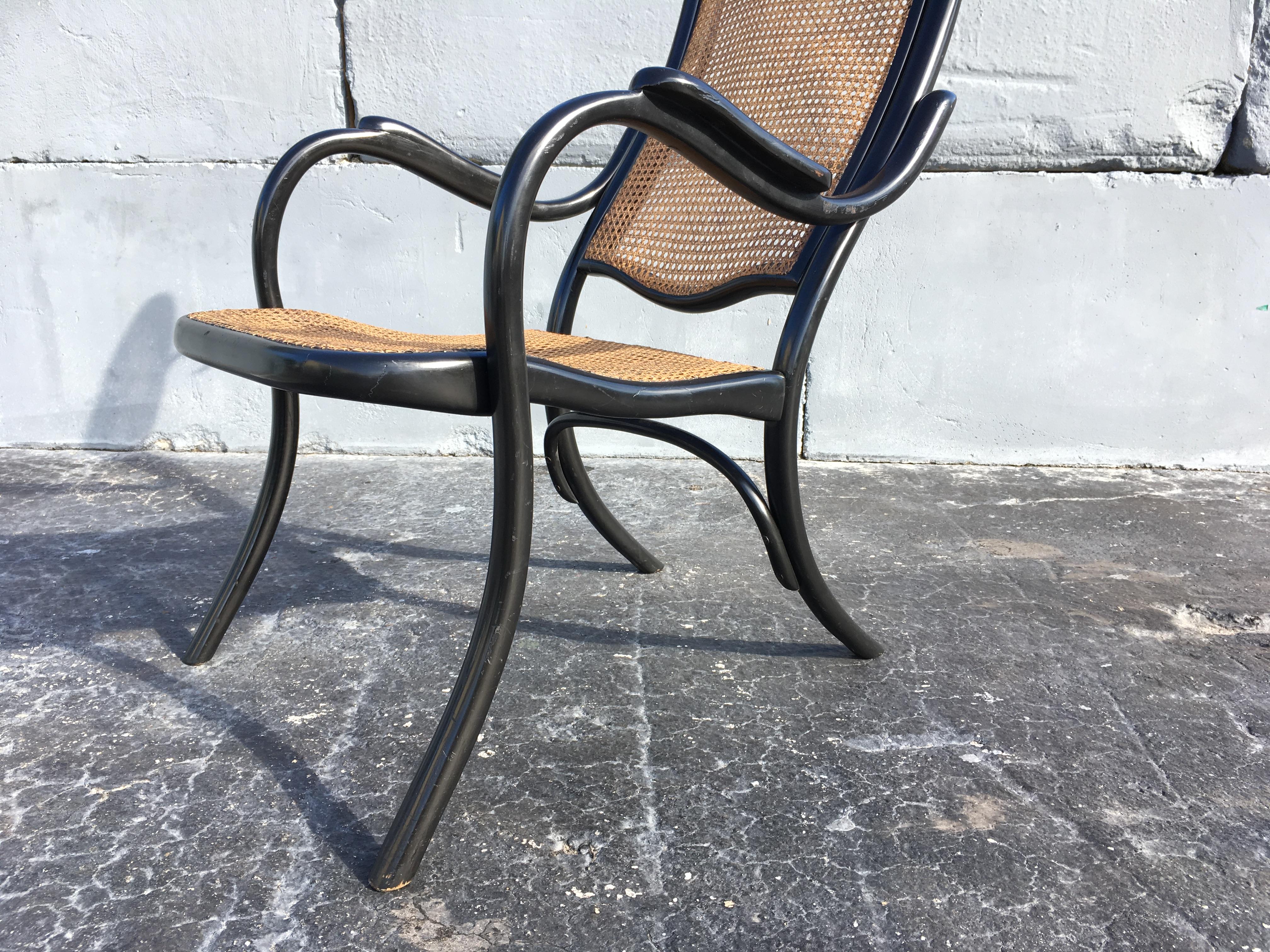 Late Victorian Rare Beautiful Thonet High Back Armchair No 6351 , Black, Cane For Sale