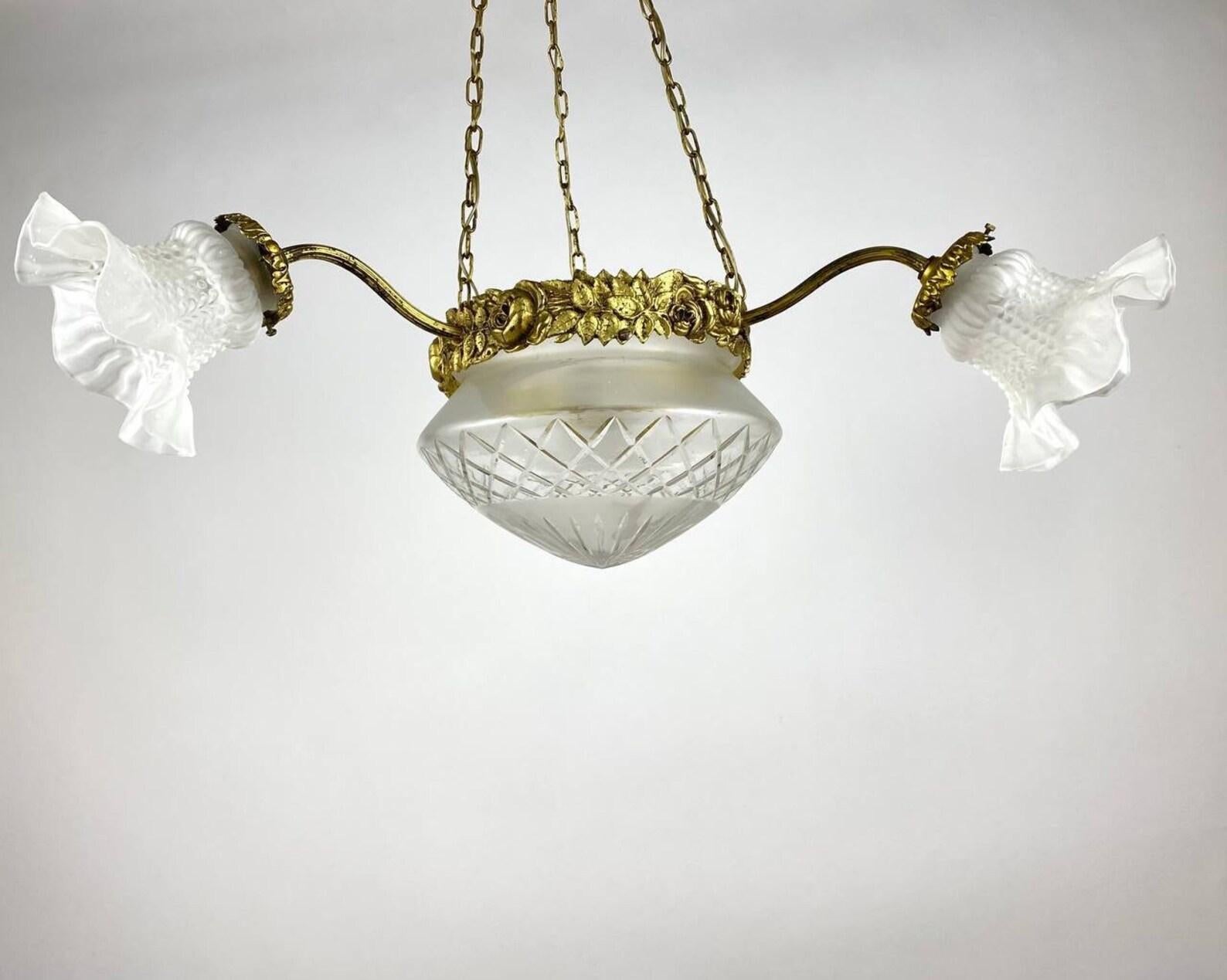 Beautiful Three Arm Chandelier  Glass Shades & Brass Fitting, Vintage For Sale 5