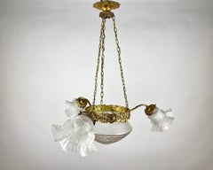 Beautiful Three Arm Chandelier  Glass Shades & Brass Fitting, Vintage