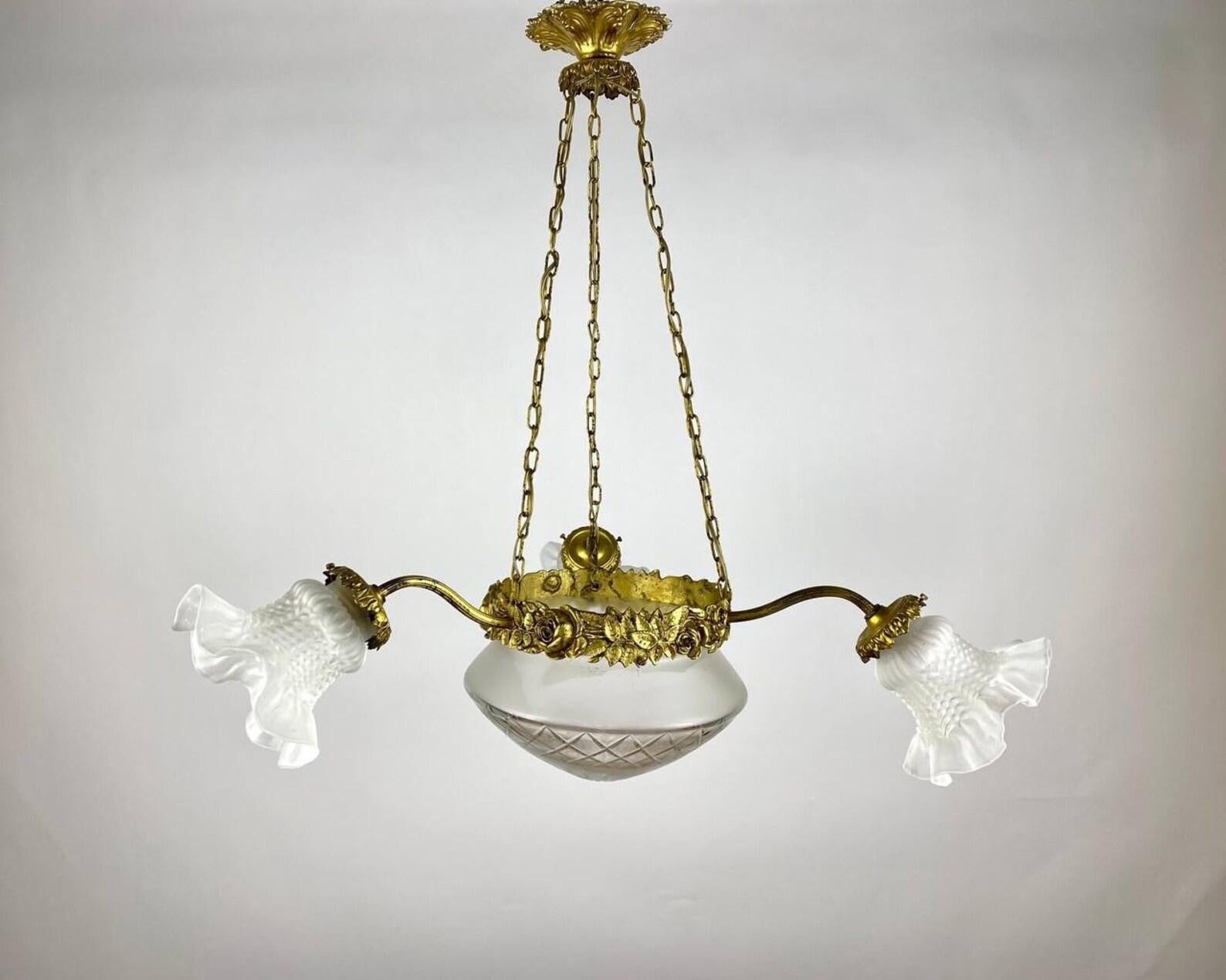Mid-Century Modern Beautiful Three Arm Chandelier  Glass Shades & Brass Fitting, Vintage For Sale