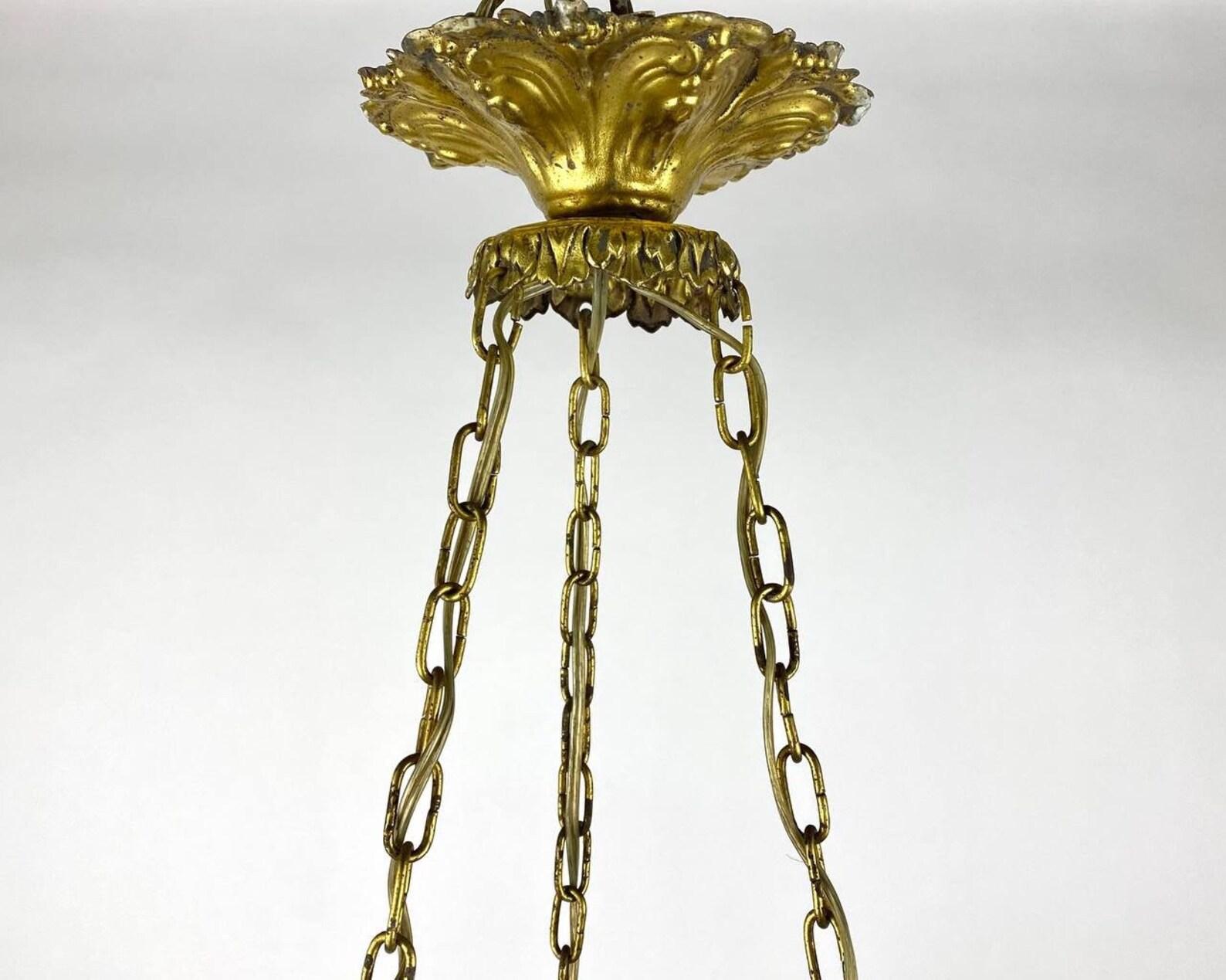 Beautiful Three Arm Chandelier  Glass Shades & Brass Fitting, Vintage For Sale 4