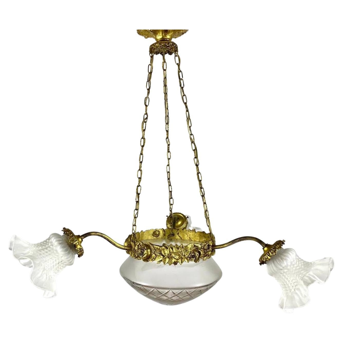 Beautiful Three Arm Chandelier  Glass Shades & Brass Fitting, Vintage For Sale