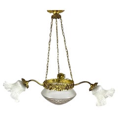 Beautiful Three Arm Chandelier  Glass Shades & Brass Fitting, Vintage