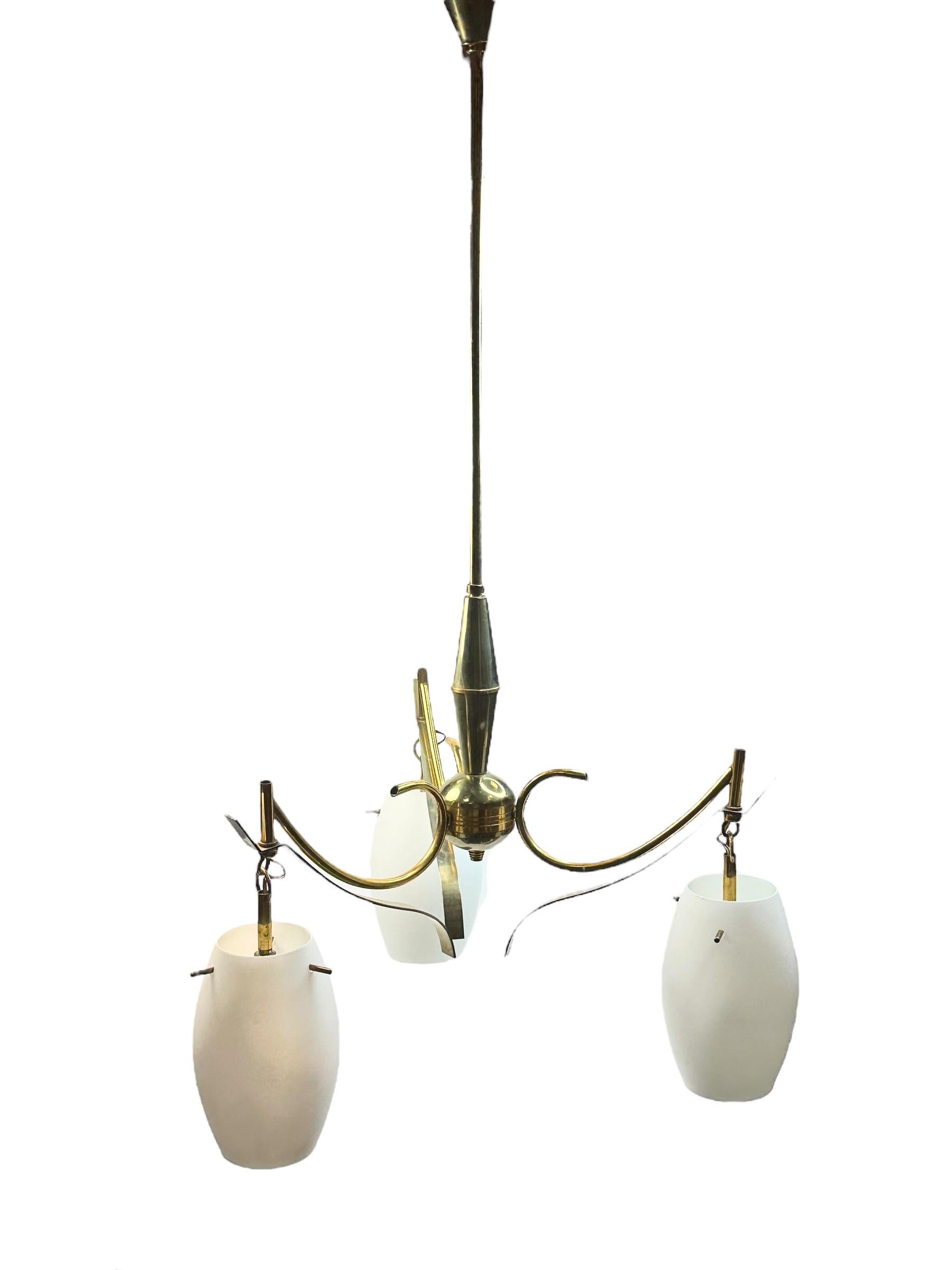 Mid-Century Modern Beautiful Three Light Brass & Glass Stilnovo Chandelier Vintage Italy, 1950s For Sale