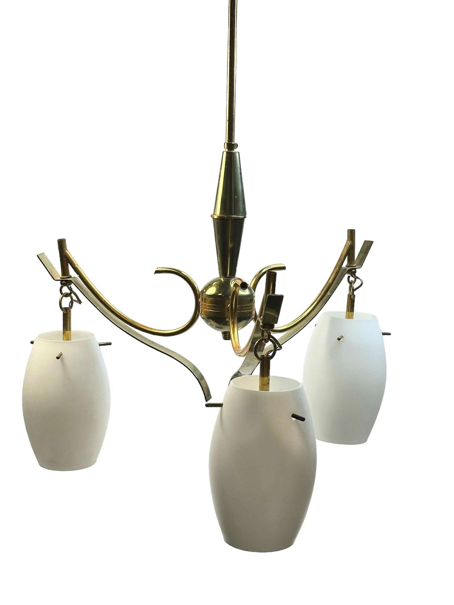 Lacquered Beautiful Three Light Brass & Glass Stilnovo Chandelier Vintage Italy, 1950s For Sale