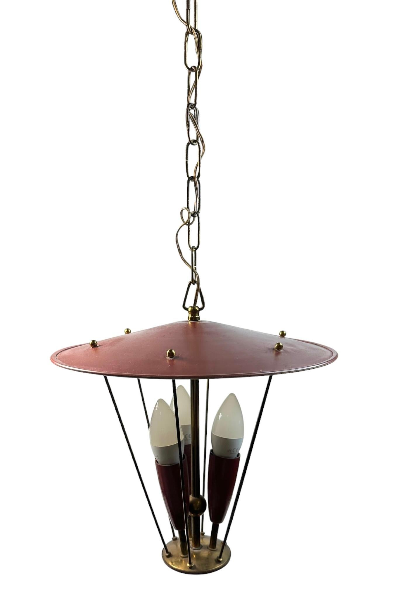 Beautiful Three Light Stilnovo Lantern Pendant Chandelier Vintage Italy, 1950s For Sale 2