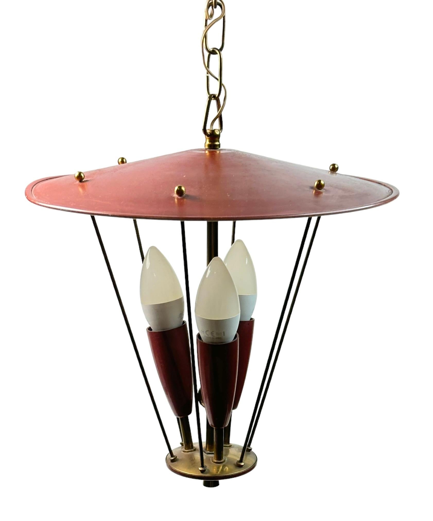 Lacquered Beautiful Three Light Stilnovo Lantern Pendant Chandelier Vintage Italy, 1950s For Sale