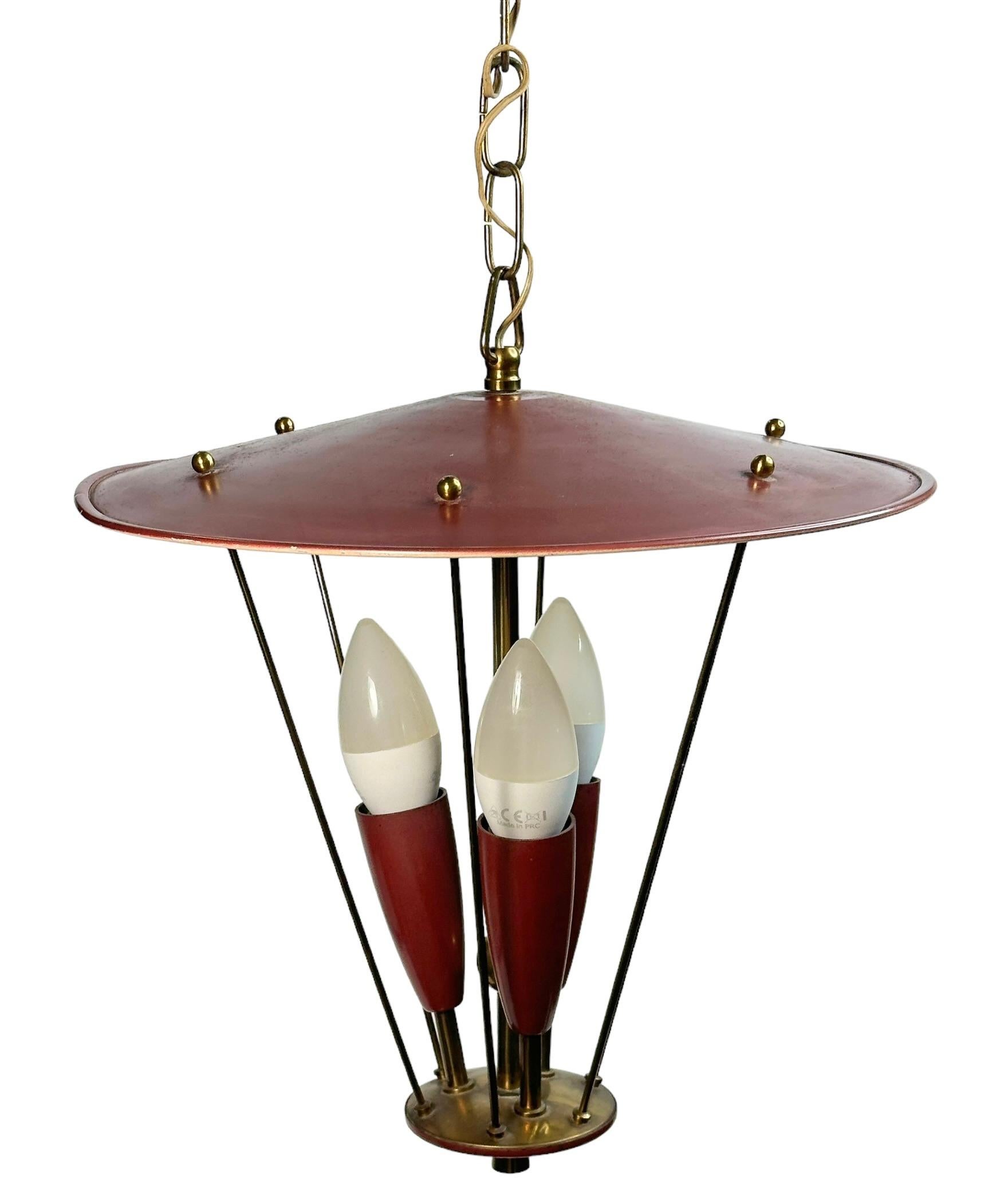 Beautiful Three Light Stilnovo Lantern Pendant Chandelier Vintage Italy, 1950s In Good Condition For Sale In Nuernberg, DE