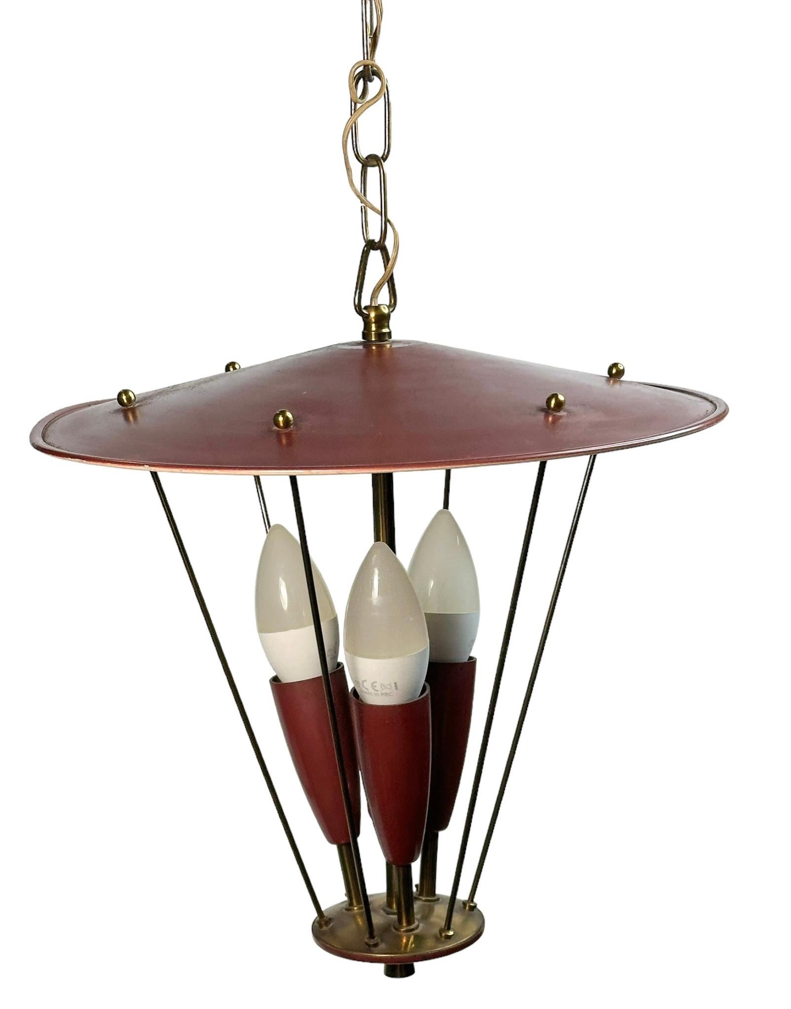 Mid-20th Century Beautiful Three Light Stilnovo Lantern Pendant Chandelier Vintage Italy, 1950s For Sale