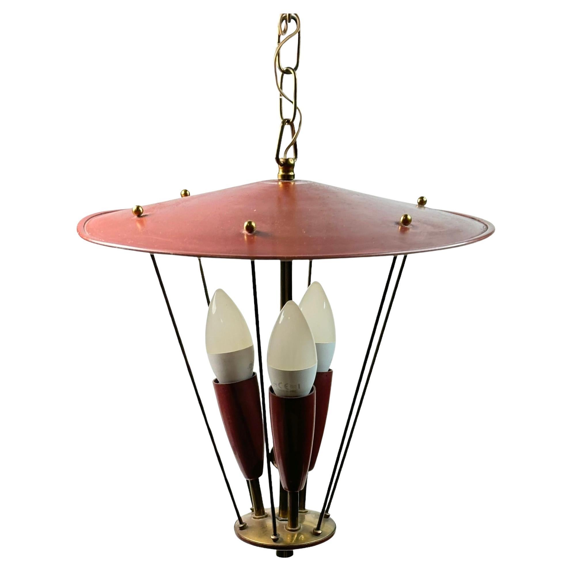 Beautiful Three Light Stilnovo Lantern Pendant Chandelier Vintage Italy, 1950s For Sale