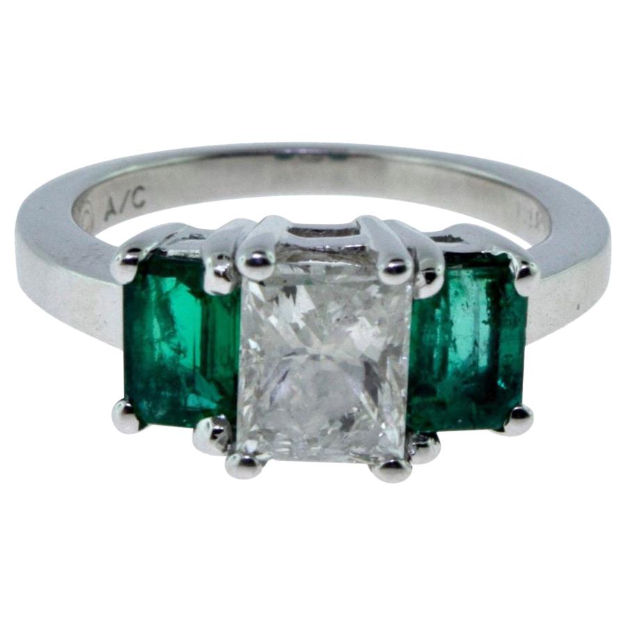 Beautiful Three-Stone Dark Green Colombian Emerald and Diamond White Gold Ring For Sale