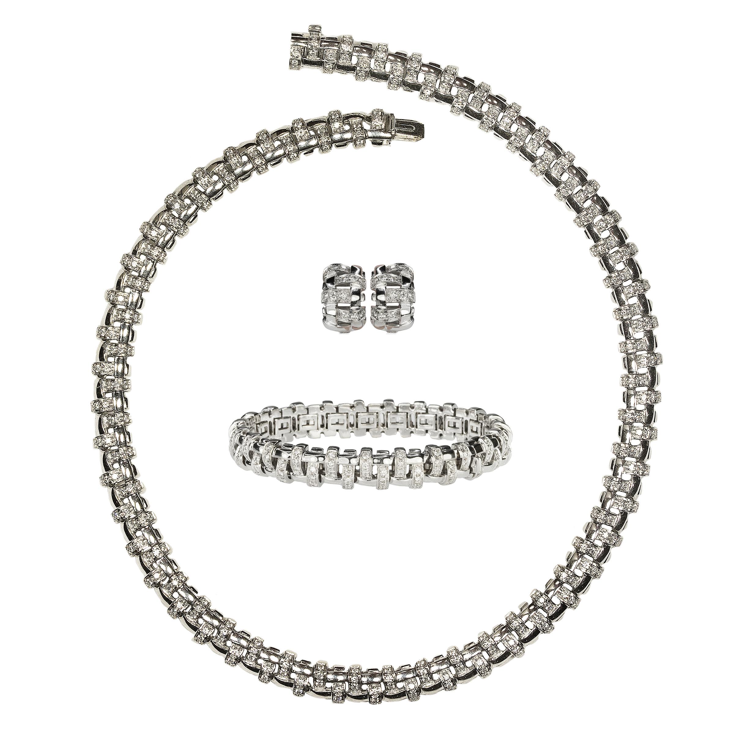 Tiffany & Co. Lattice 18k Gold and Diamond Necklace, Bracelet & Earring Suite