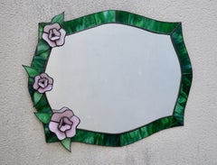 Mid Century Italian Tiffany Style Stained Glass Mirror with Lilac Flowers