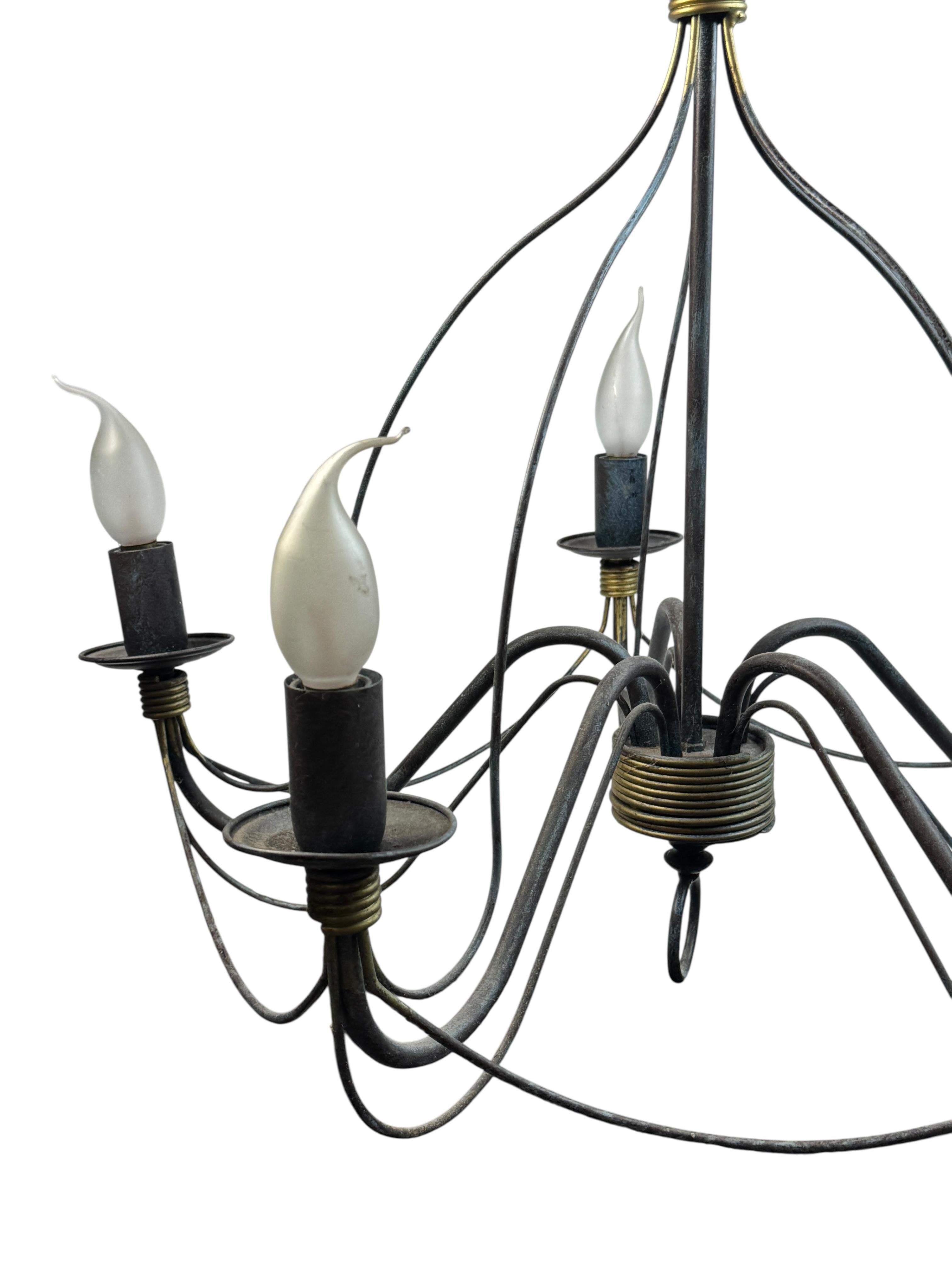 Beautiful Tole Classic Chandelier Weathered Verdigris and Gilded Metal Vintage For Sale 3