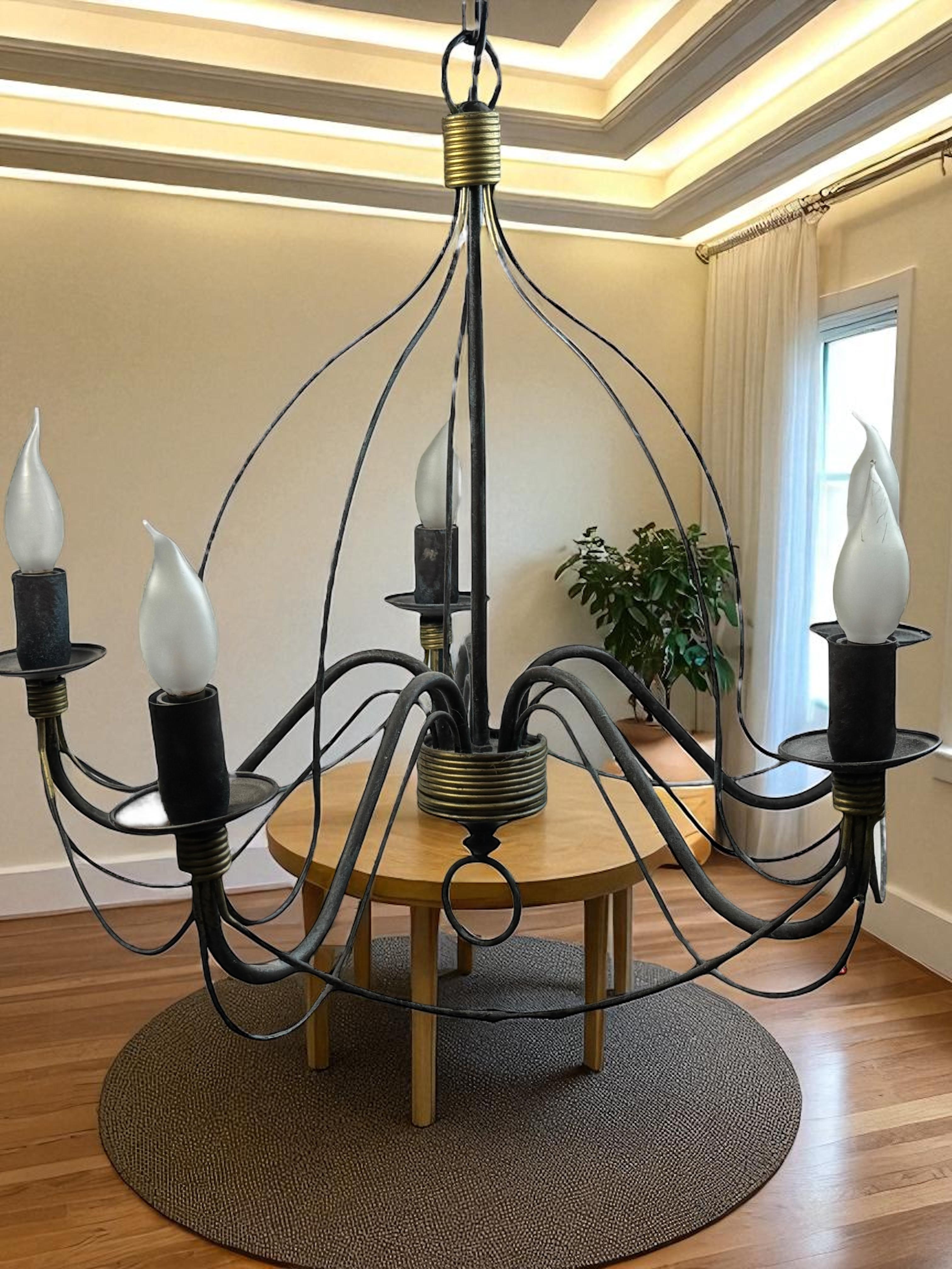 Beautiful Tole Classic Chandelier Weathered Verdigris and Gilded Metal Vintage For Sale 8