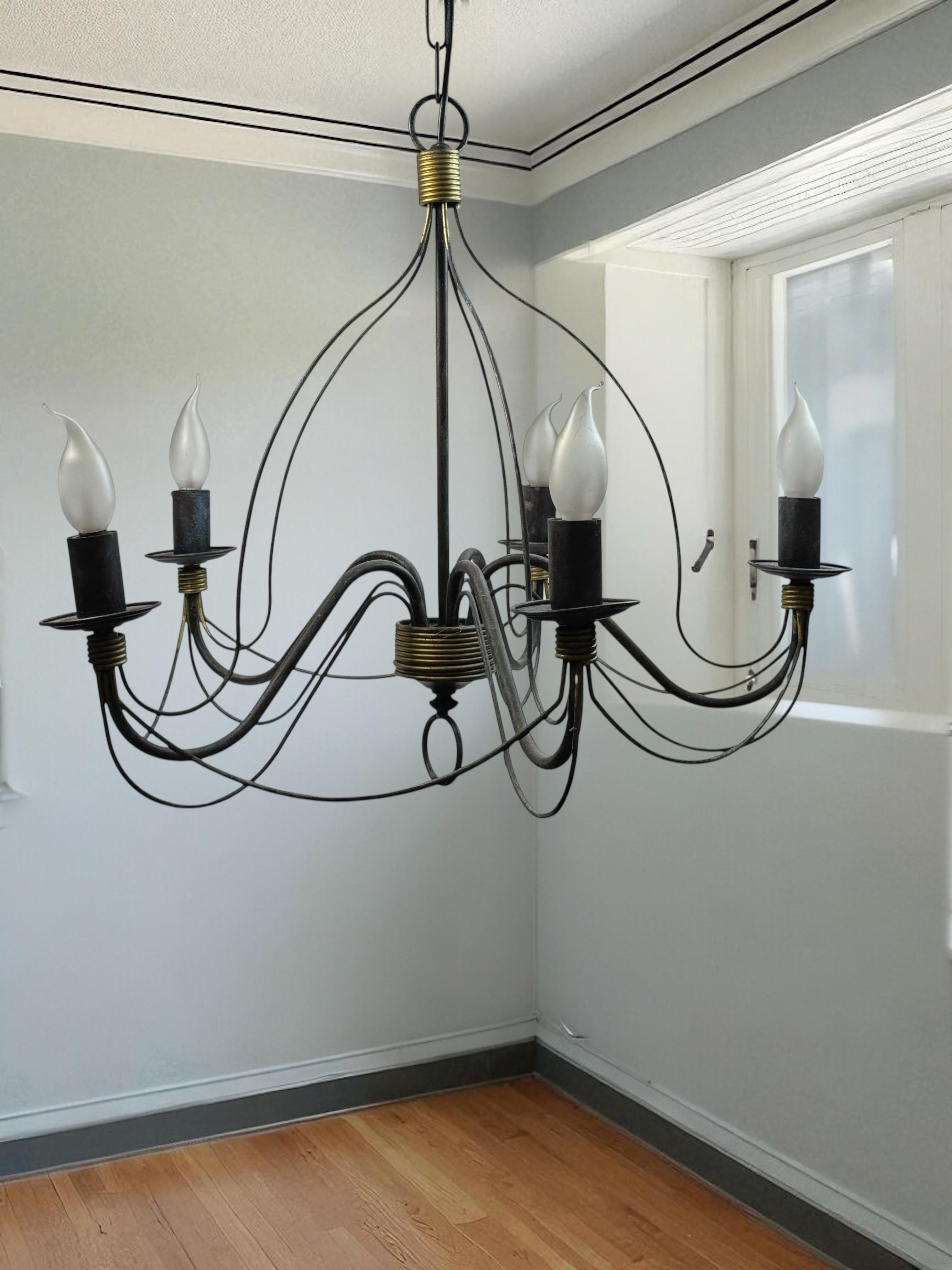 Beautiful Tole Classic Chandelier Weathered Verdigris and Gilded Metal Vintage For Sale 10