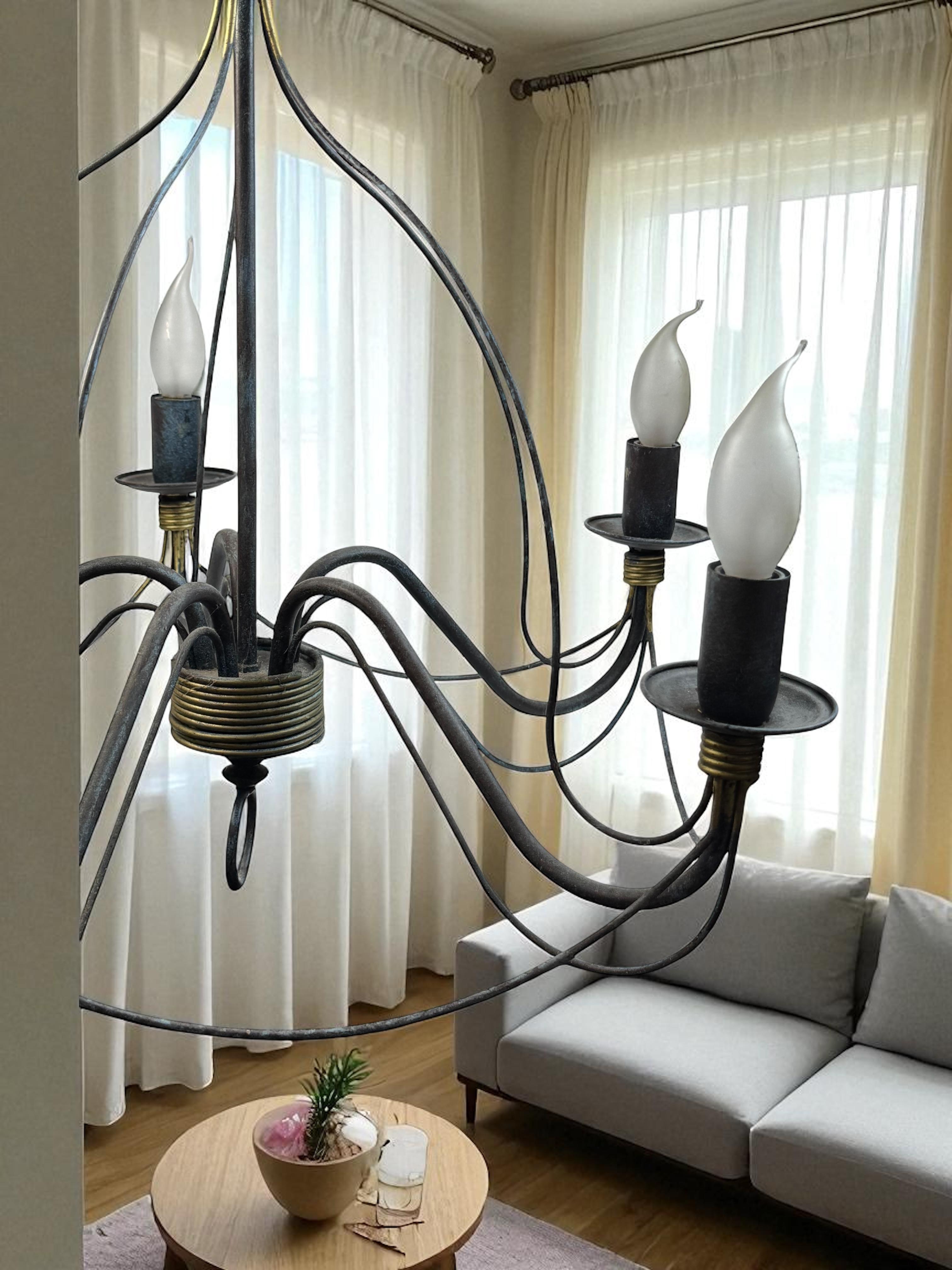 Beautiful Tole Classic Chandelier Weathered Verdigris and Gilded Metal Vintage For Sale 12