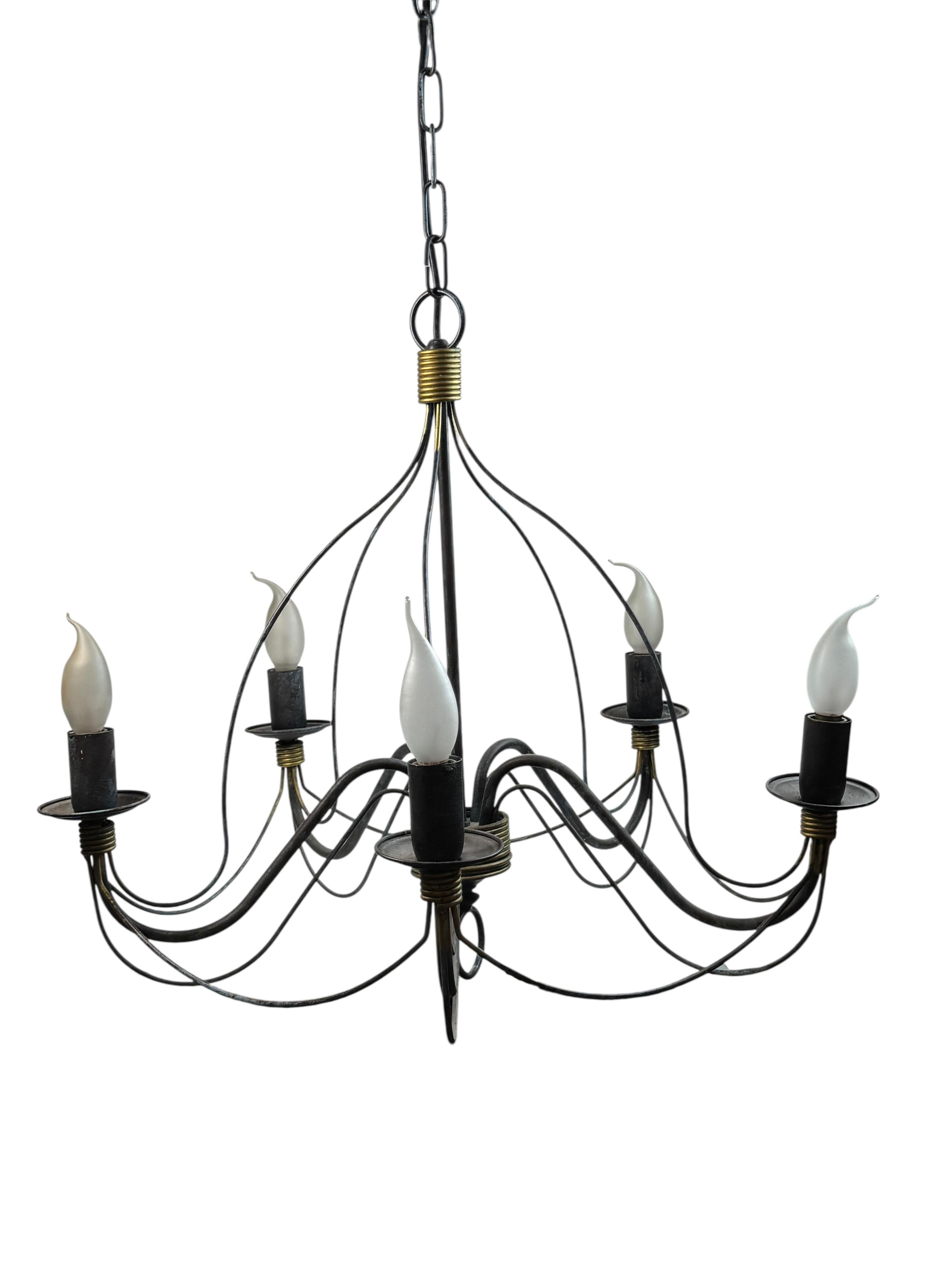Hollywood Regency Beautiful Tole Classic Chandelier Weathered Verdigris and Gilded Metal Vintage For Sale
