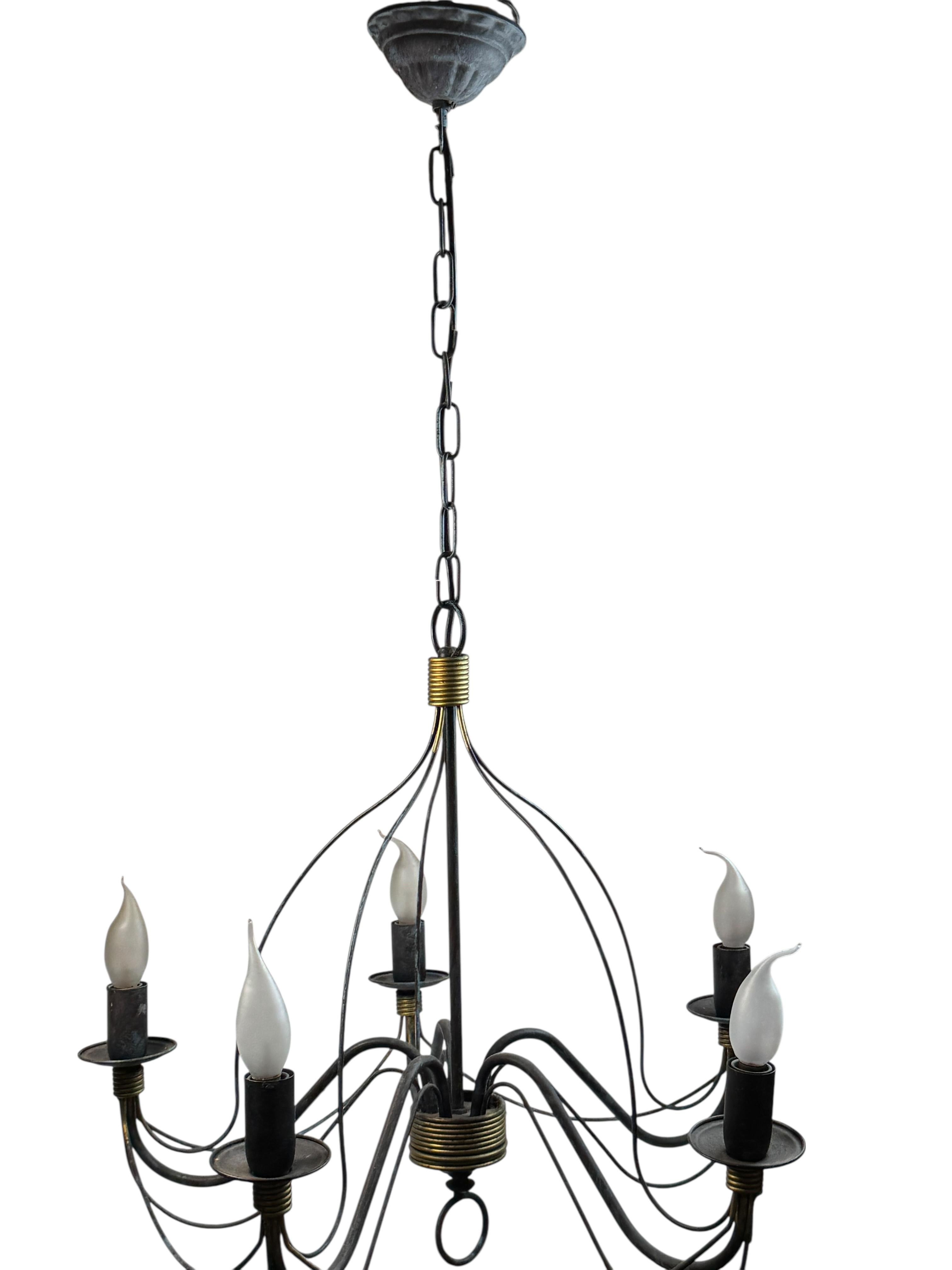 Austrian Beautiful Tole Classic Chandelier Weathered Verdigris and Gilded Metal Vintage For Sale