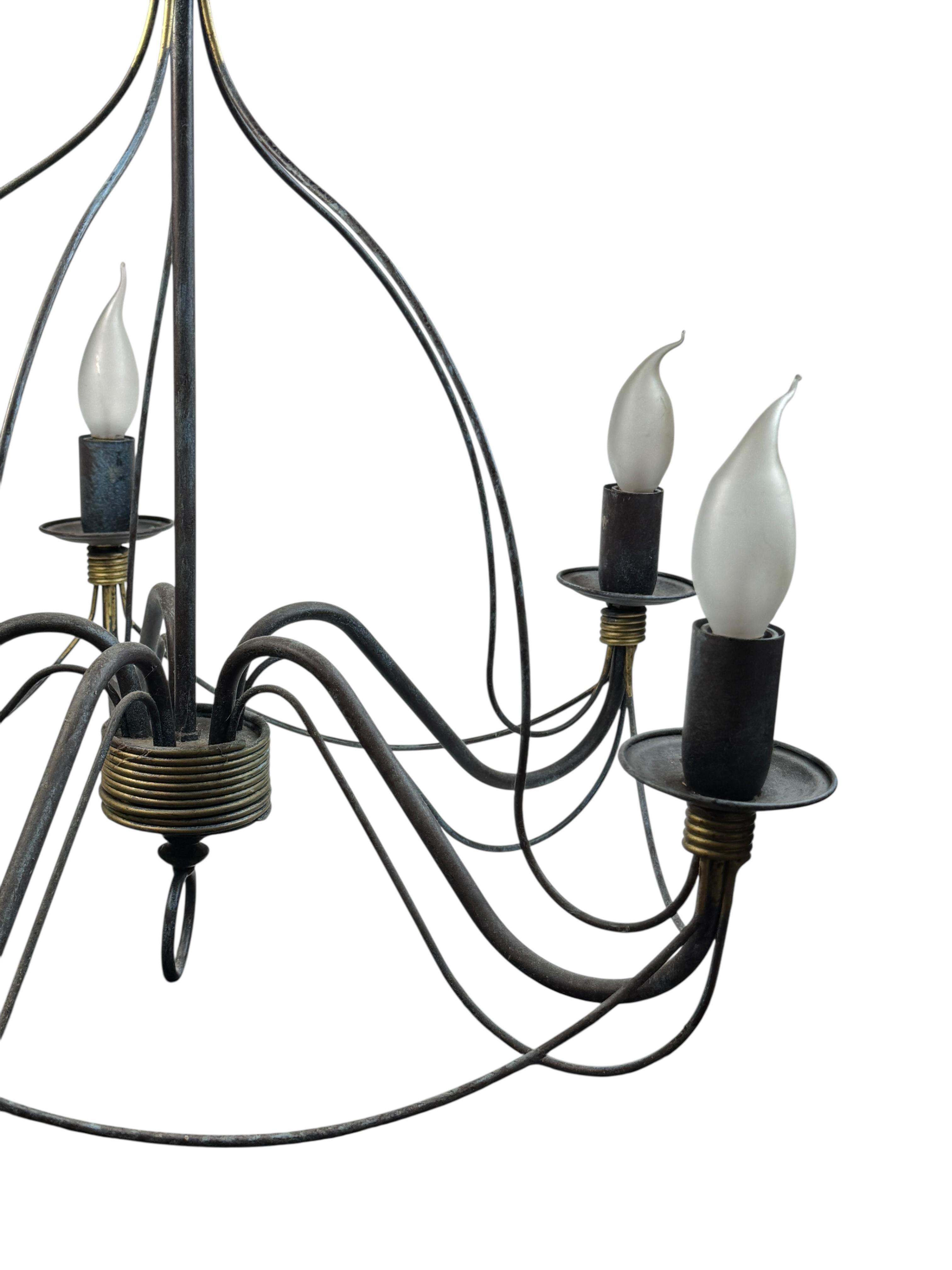 Late 20th Century Beautiful Tole Classic Chandelier Weathered Verdigris and Gilded Metal Vintage For Sale