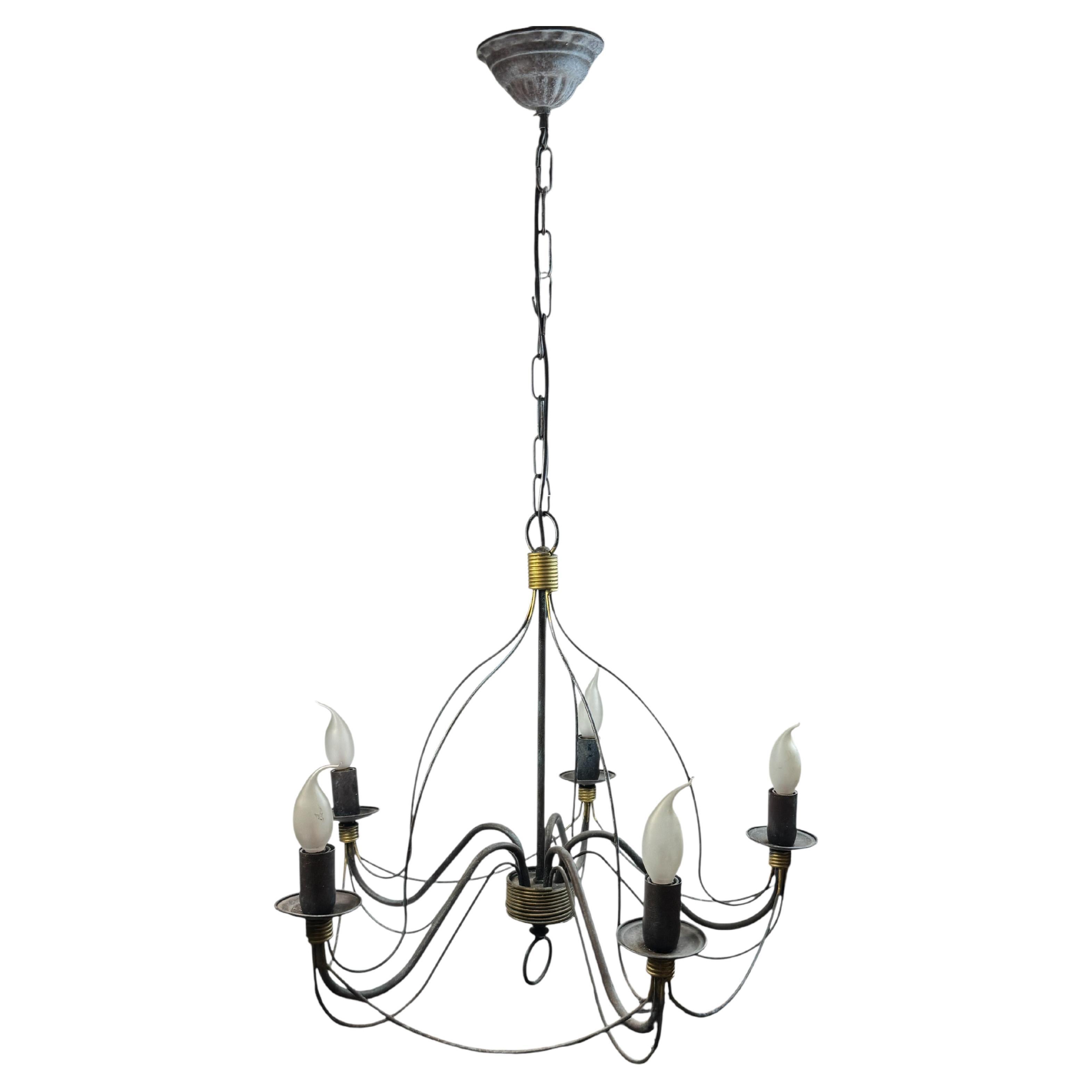 Beautiful Tole Classic Chandelier Weathered Verdigris and Gilded Metal Vintage For Sale