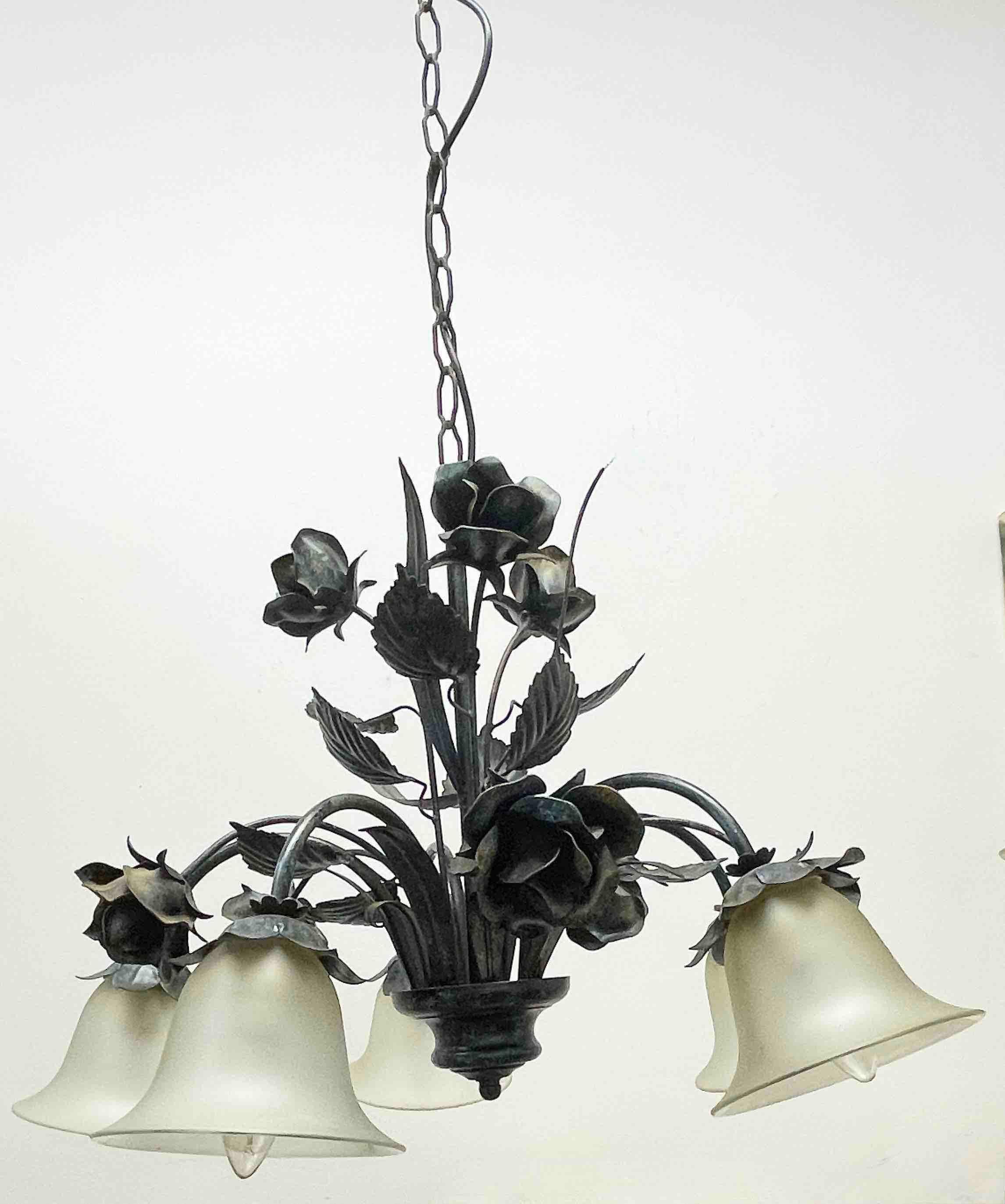 Petite Florentine style five-light chandelier. Functions as is with 5 E14 / 110 Volt light bulbs. Can take up to 40 Watts each bulb. Beautiful colored metal grasses and leaves chandelier with flower glass shades. It gives a very warm light and