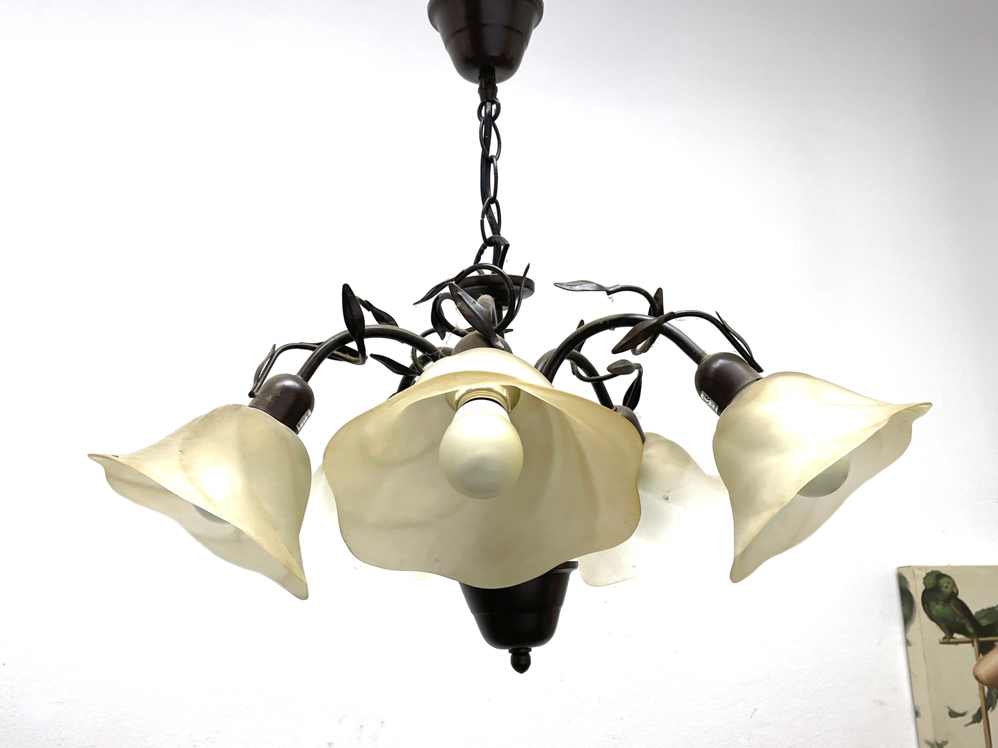 Petite Florentine style five-light chandelier. Functions as is with 5 E14 / 110 Volt light bulbs. Can take up to 40 Watts each bulb. Beautiful colored metal grasses and leaves chandelier with glass shades. It gives a very warm light and represents
