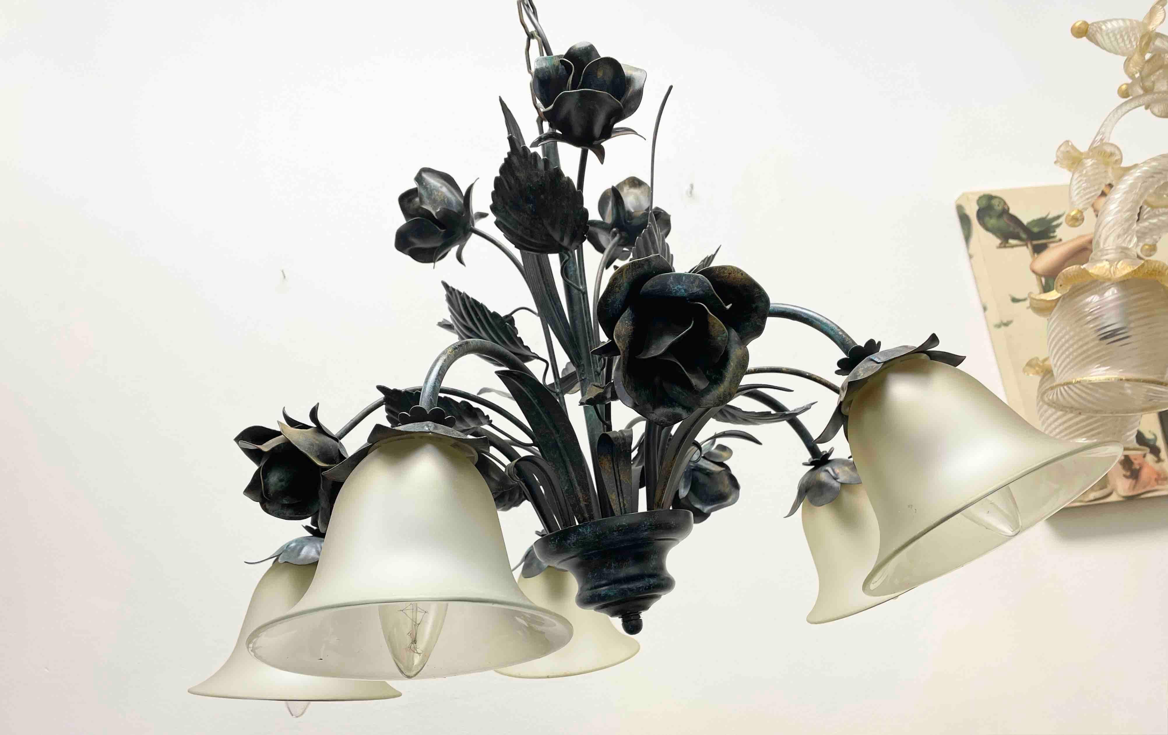 German Beautiful Tole Florentine Florence Five Light Chandelier, Honsel Leuchten, 1980s For Sale