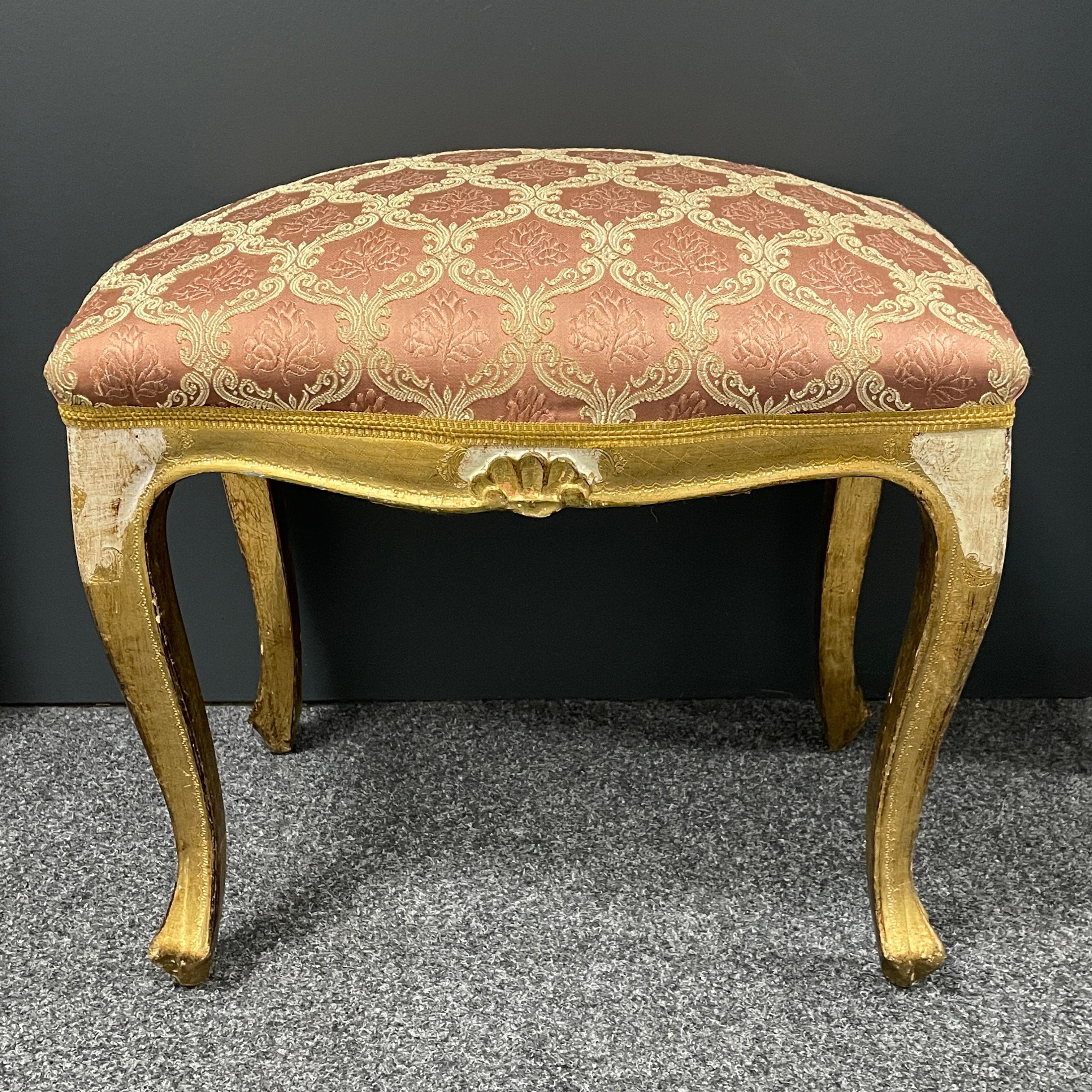 Classic 1930s fabric and gilded wood foot stool. Nice addition to your room, entry hall or vanity room. Made of wood and a high-quality fabric. Found at an estate sale in Nuremberg, Germany.