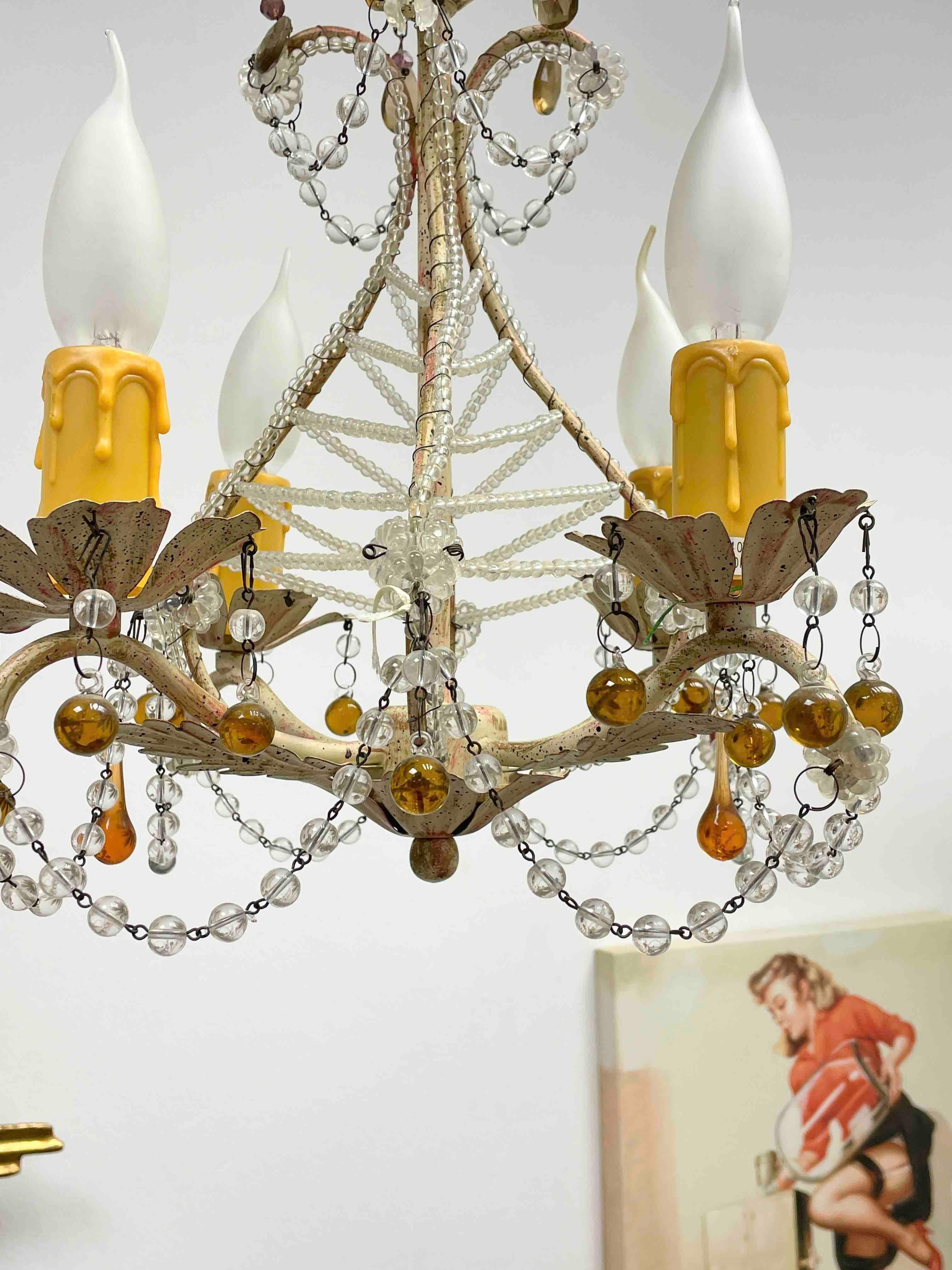 Country Beautiful Tole Shabby Chic Florence Flower Chandelier with Crystals German 1960s For Sale