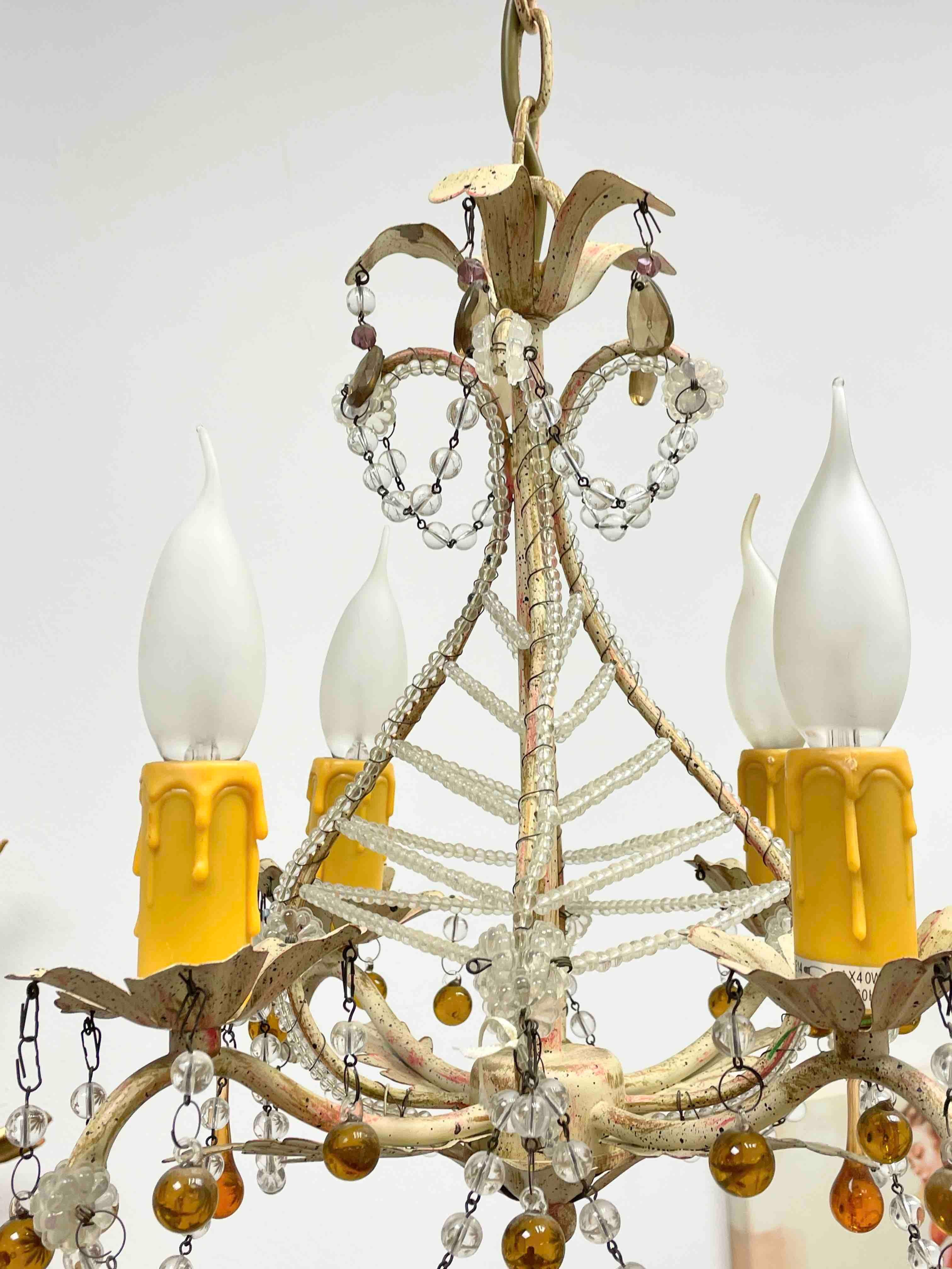 Mid-20th Century Beautiful Tole Shabby Chic Florence Flower Chandelier with Crystals German 1960s For Sale