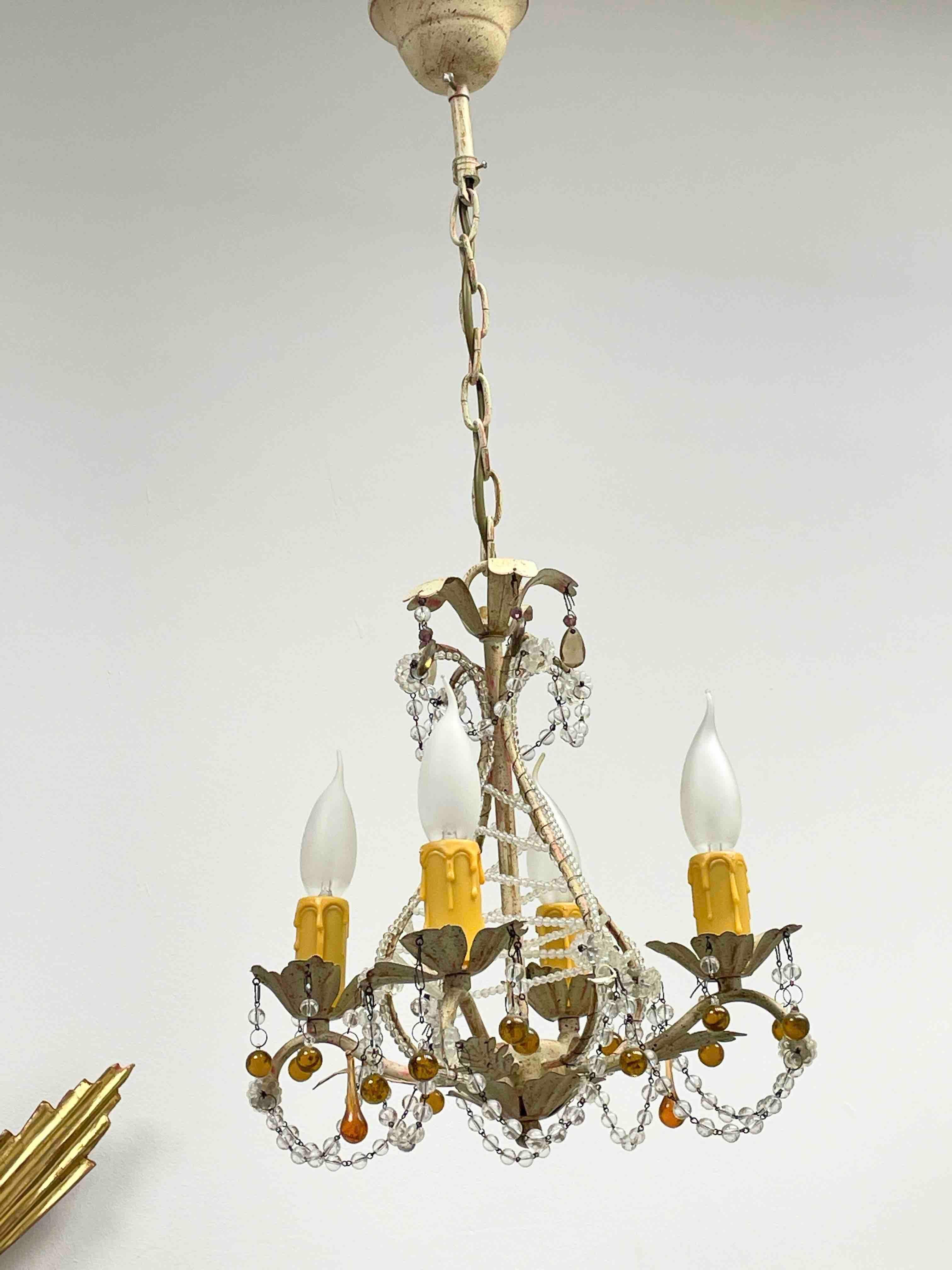 Beautiful Tole Shabby Chic Florence Flower Chandelier with Crystals German 1960s For Sale 1