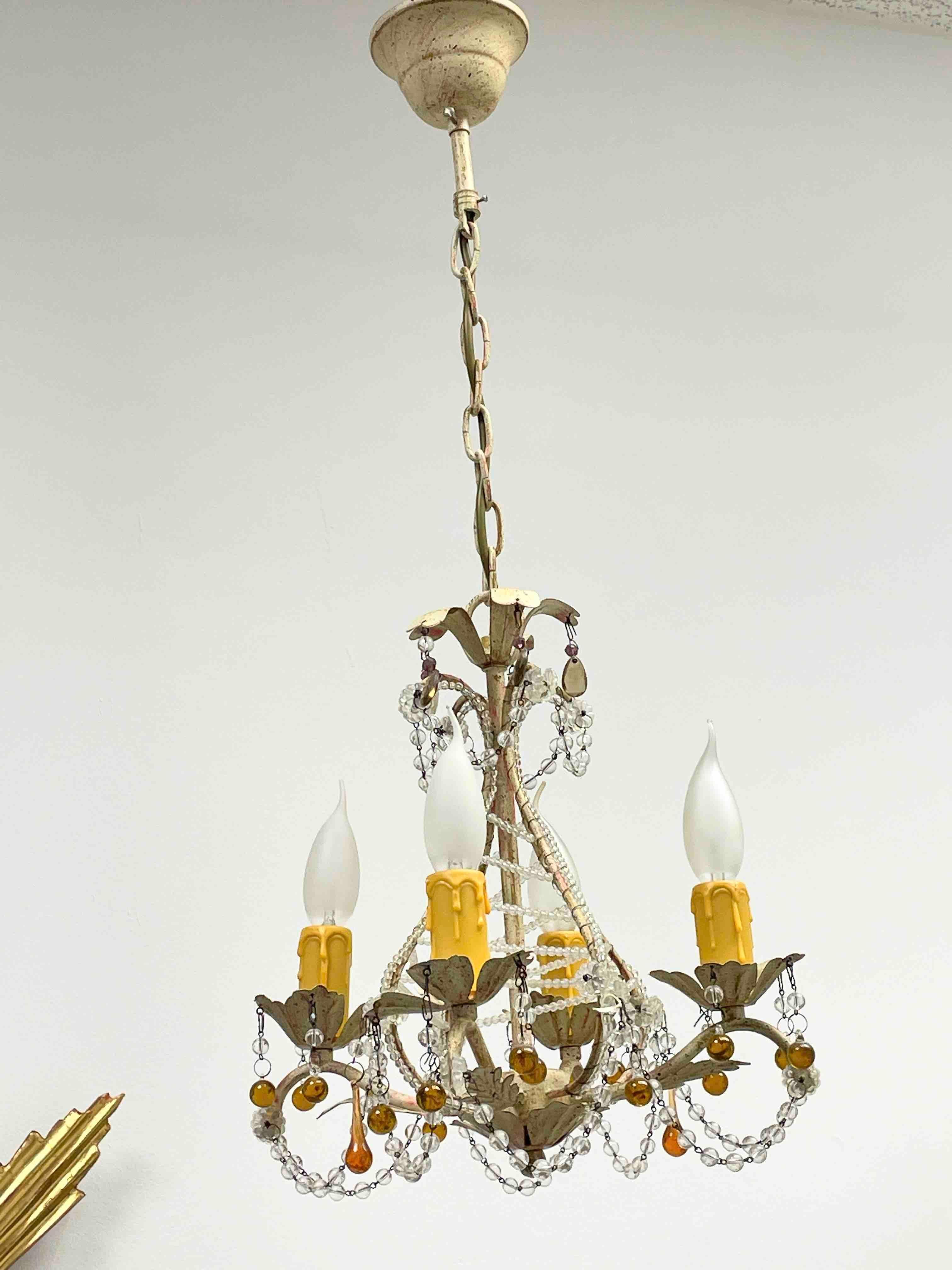 Beautiful Tole Shabby Chic Florence Flower Chandelier with Crystals German 1960s For Sale 2