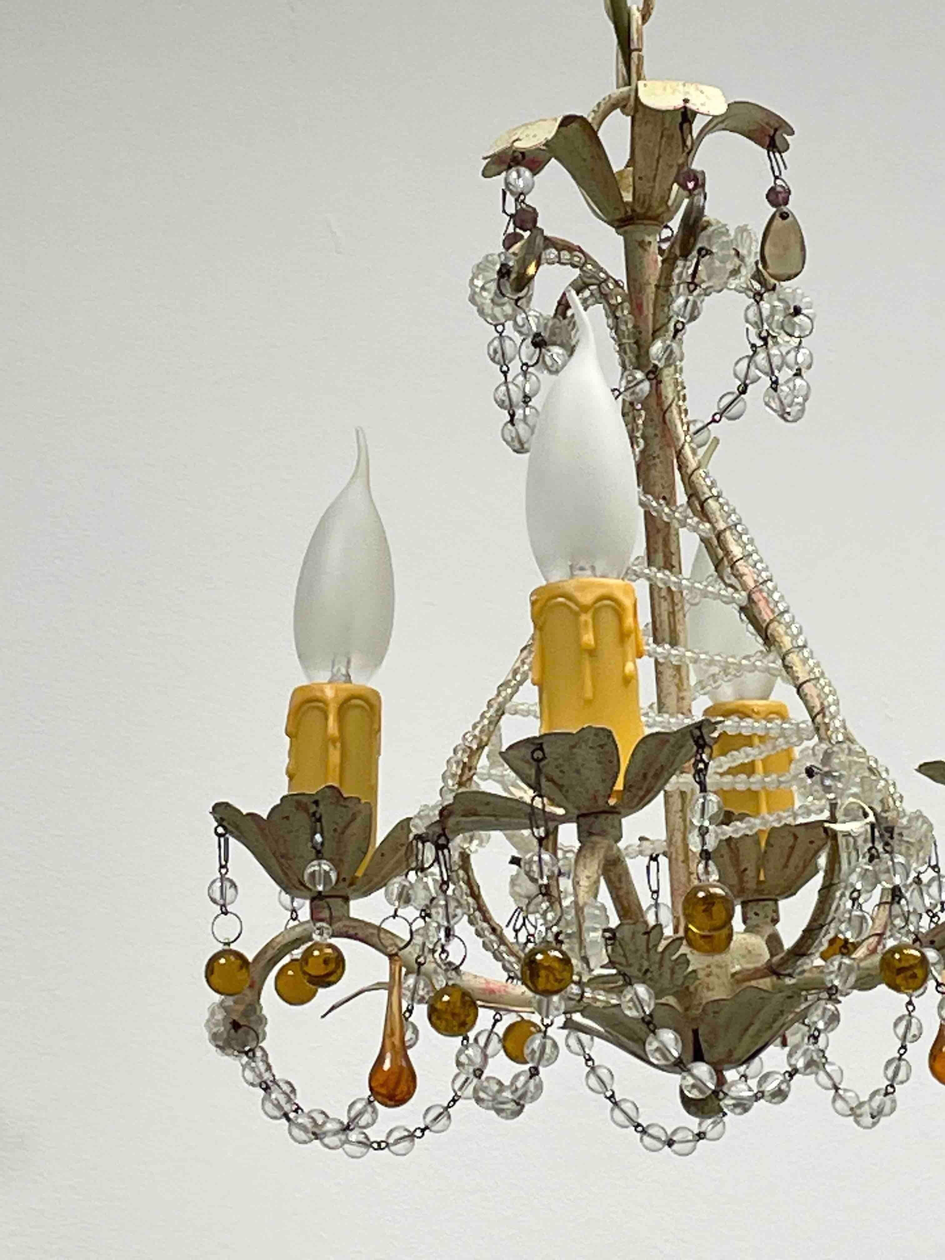 Beautiful Tole Shabby Chic Florence Flower Chandelier with Crystals German 1960s For Sale 3
