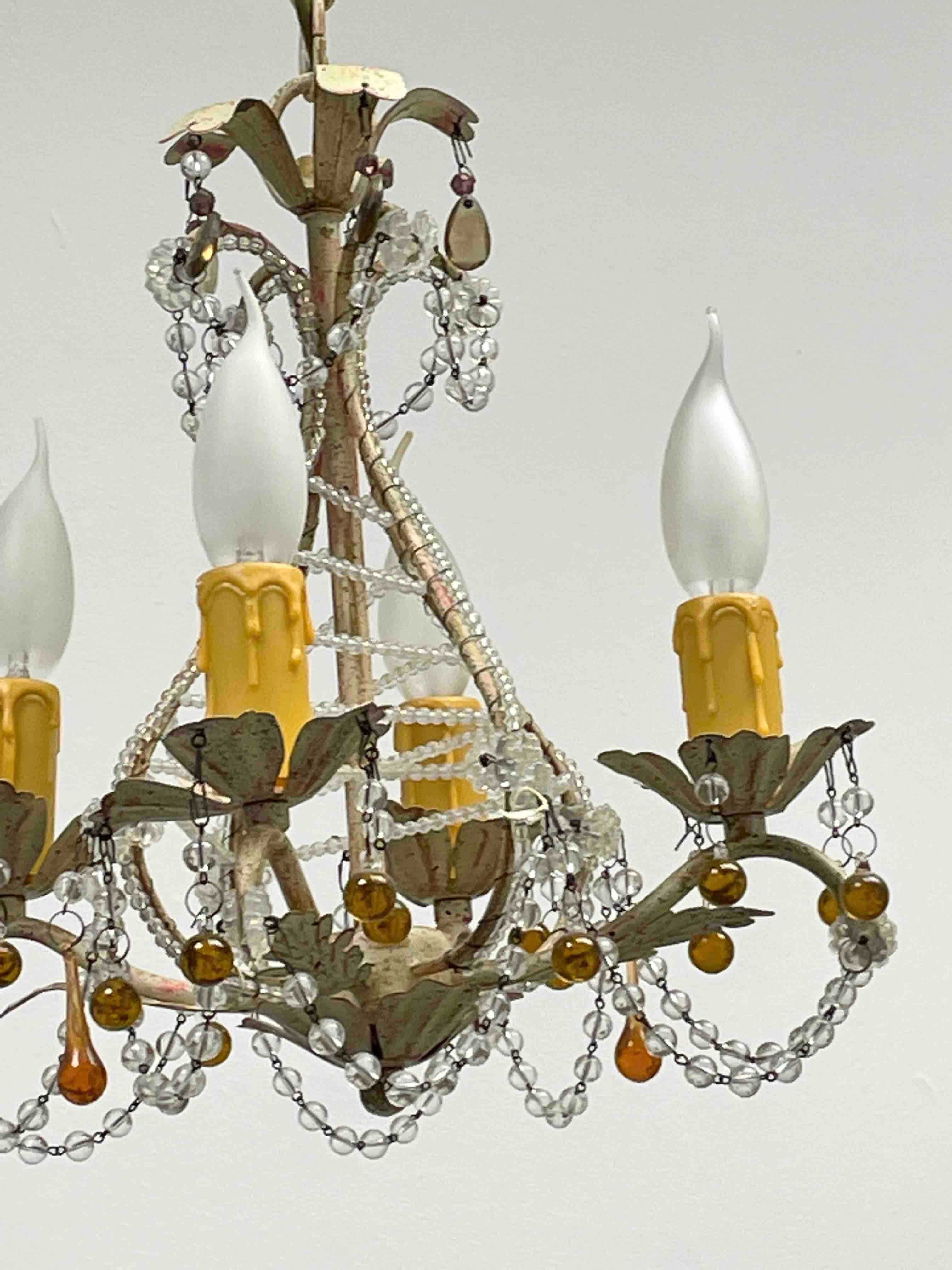 Beautiful Tole Shabby Chic Florence Flower Chandelier with Crystals German 1960s For Sale 4