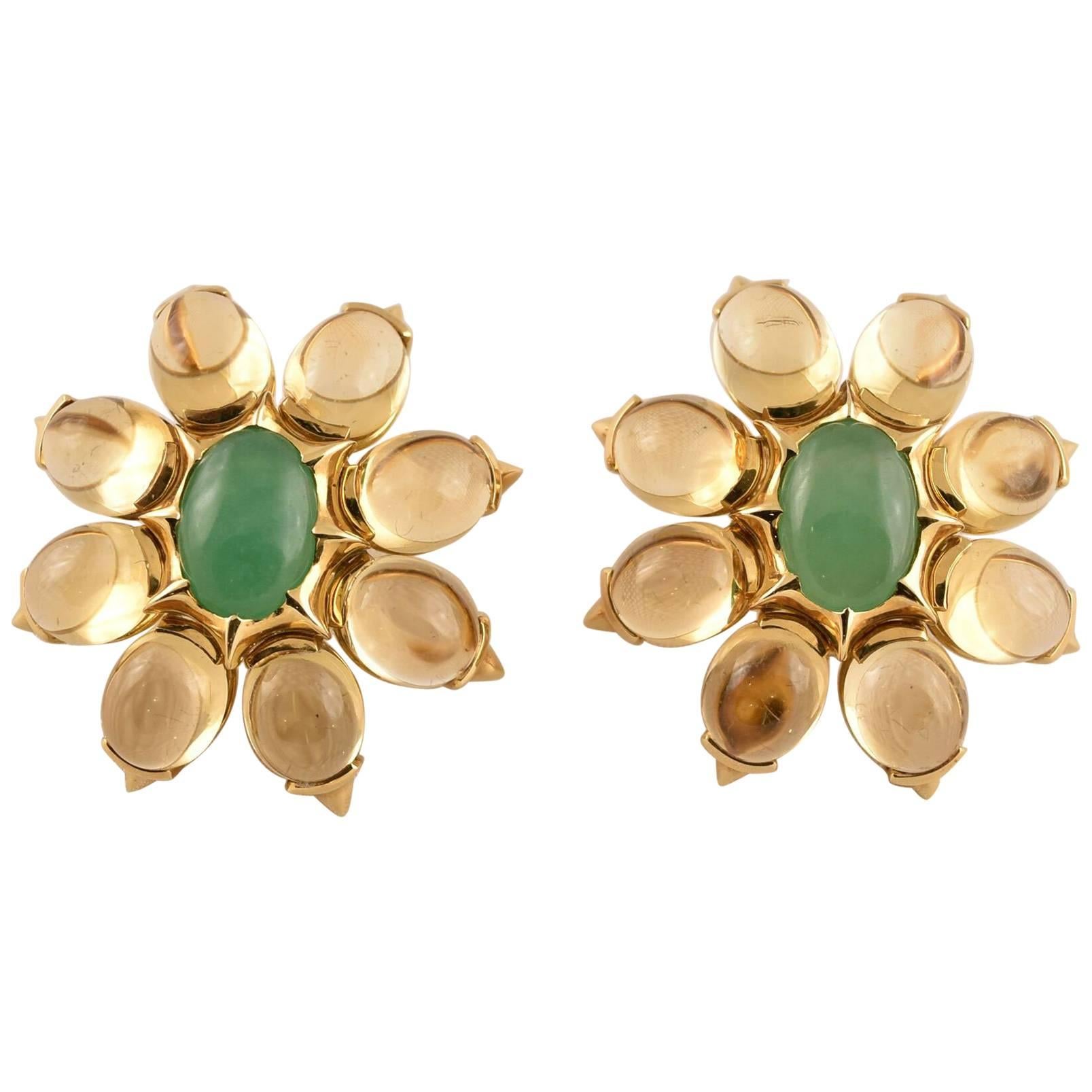 Beautiful Tony Duquette Citrine and Chrysophrase Gold Clip-On Earrings