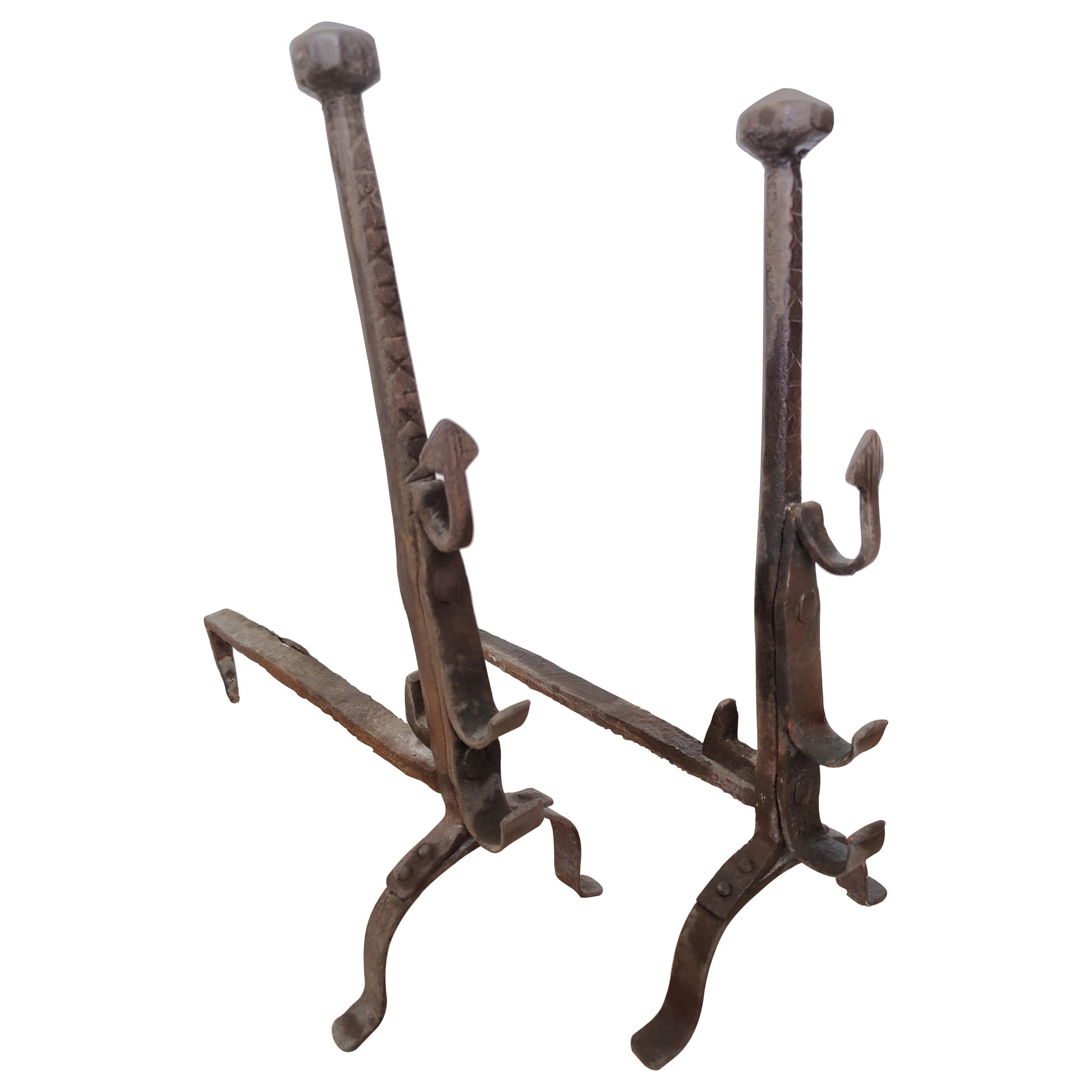 Beautiful Tough Wrought Iron Andirons or Fire Dogs For Sale