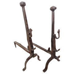 Antique Beautiful Tough Wrought Iron Andirons or Fire Dogs