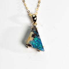 Beautiful Triangle Shaped Boulder Opal Pendant Necklace 14K Yellow Gold