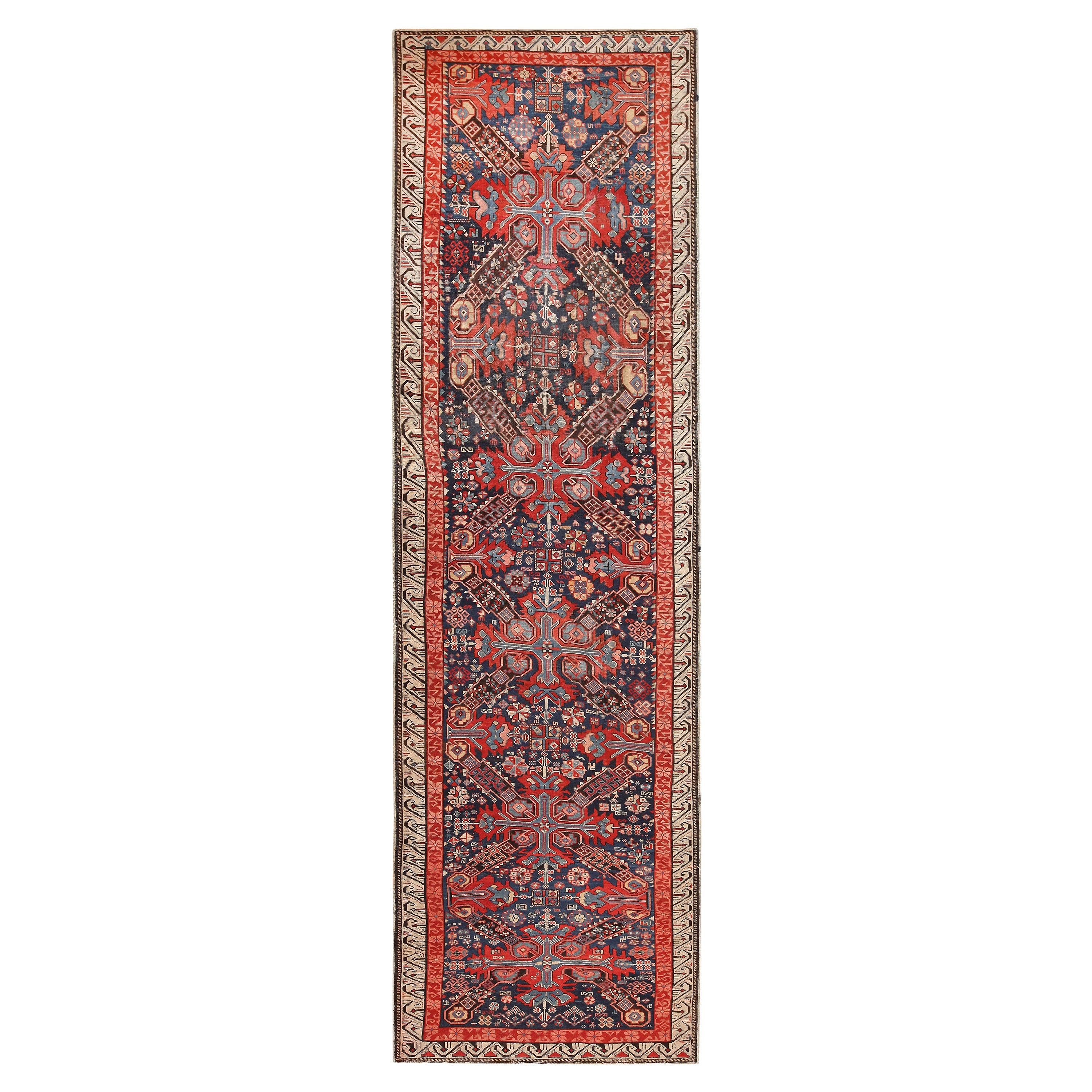 Preciosa Alfombra Tribal Antigua Seychour Caucasian Runner 3'6" x 11'