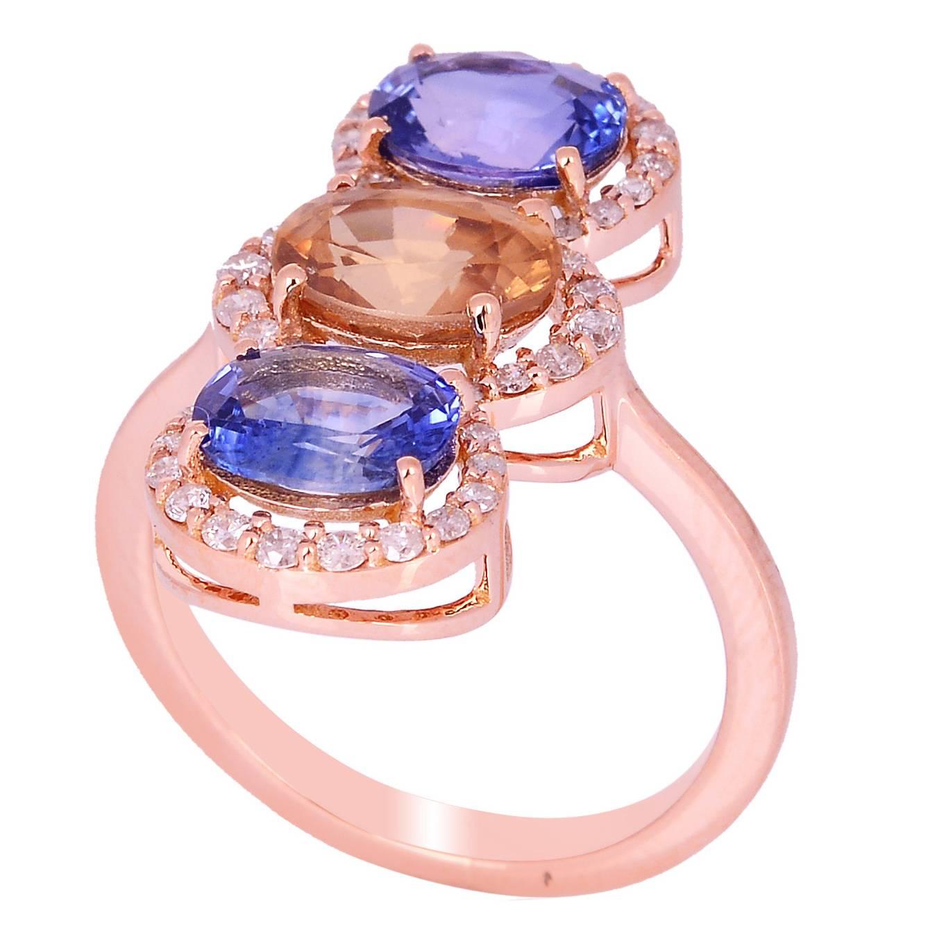 Beautiful Trio of Sapphires Diamond Cluster Ring Made In 18k Gold  For Sale