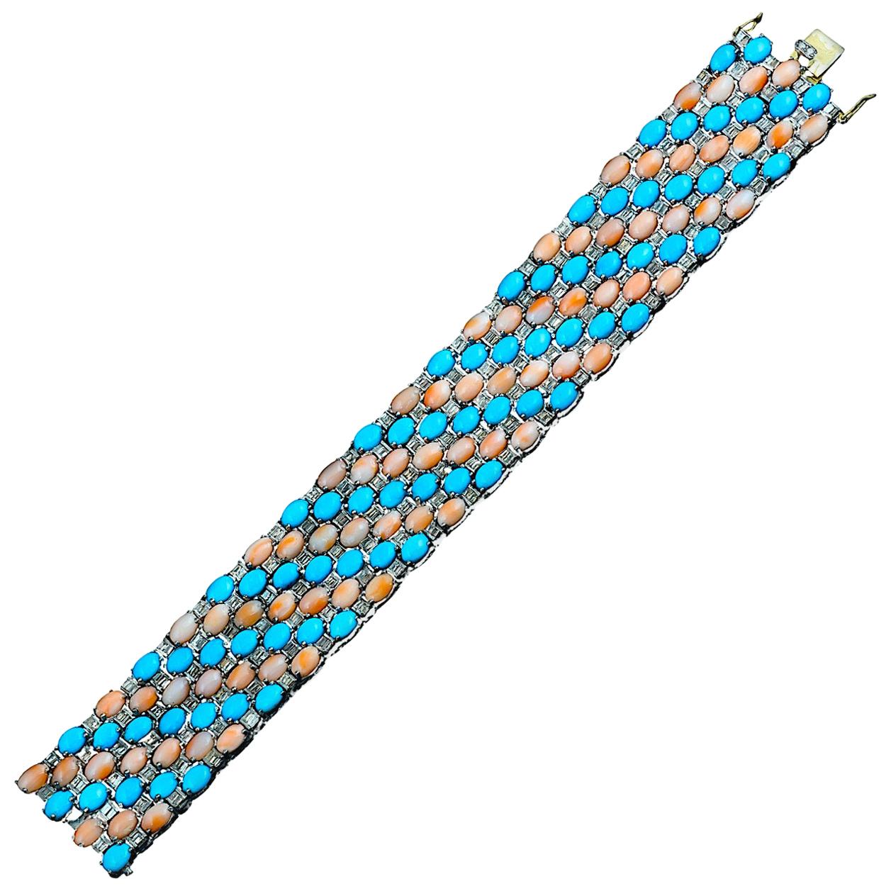 Beautiful Turquoise and Pink Coral Diamond Bracelet For Sale