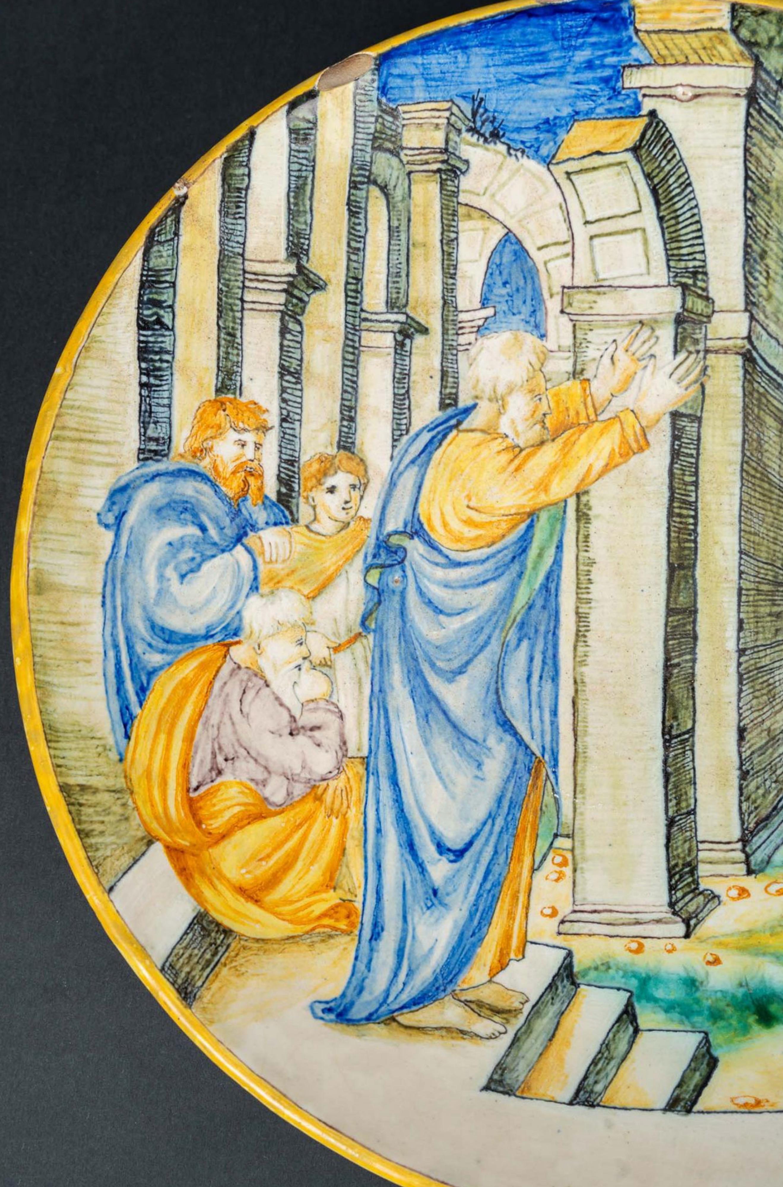 Bellissimo piatto toscano in ceramica del XVII secolo
con centro approfondito, dipinto con una scena biblica, paesaggio e architettura, smaltato sul lato inferiore, descritto e marcato. 
Diametro 28,5 cm
Buone condizioni d'epoca