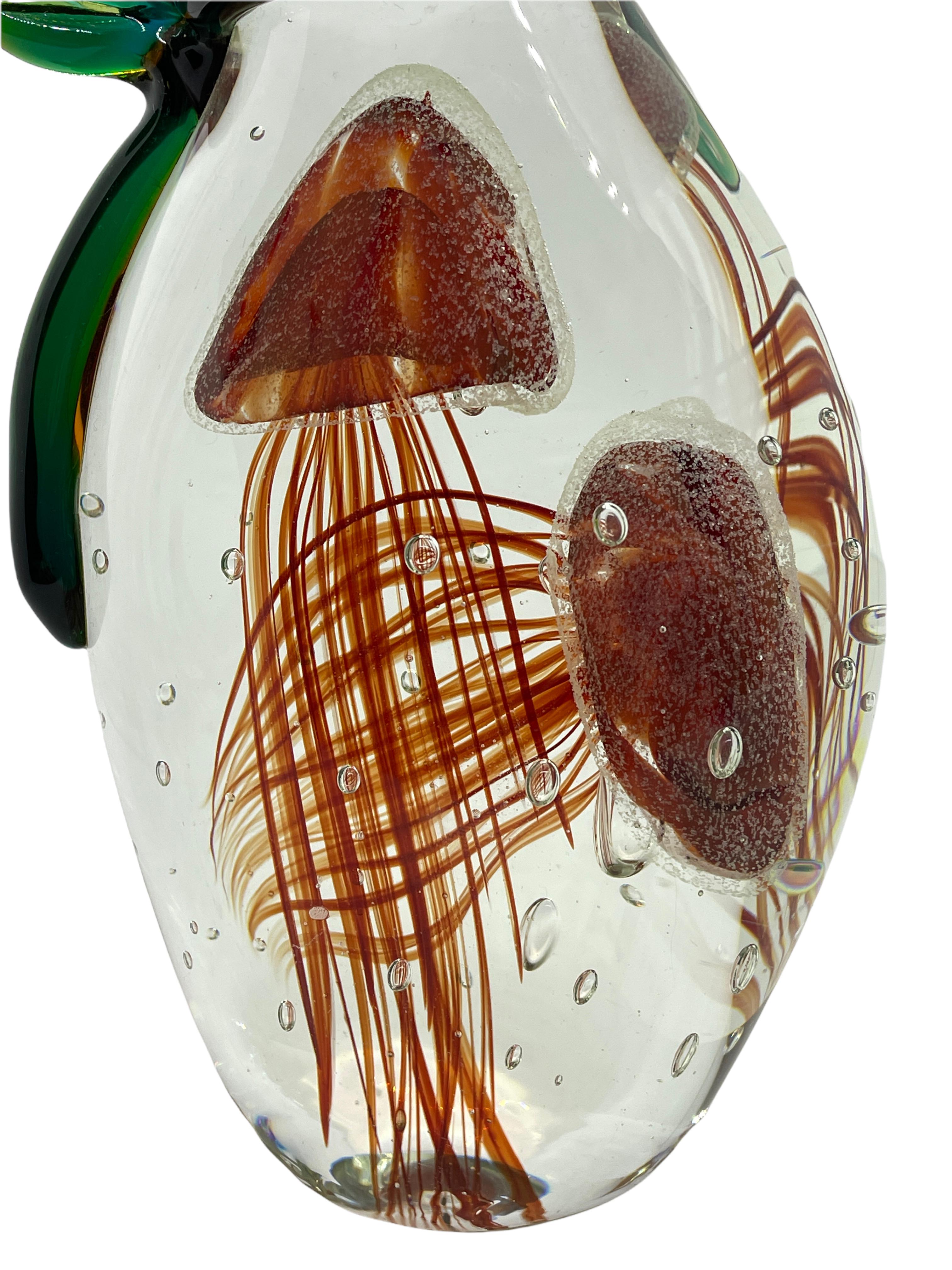 Hand-Crafted Beautiful Two Jellyfish Bag Murano Italian Art Glass Aquarium Statue Object For Sale