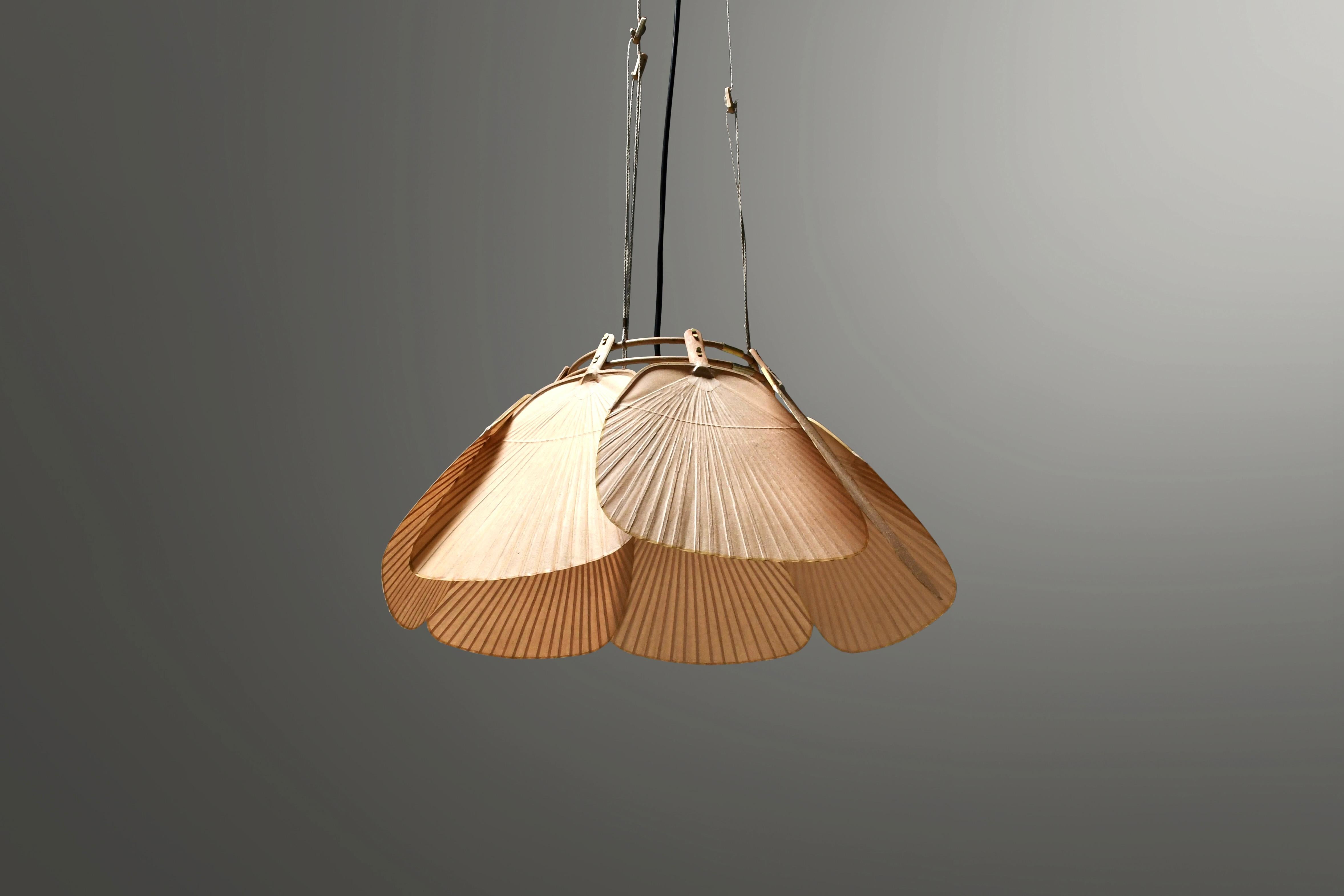 Bamboo Beautiful Uchiwa ‘Ju Yon’ Chandelier by Ingo Maurer, Germany, 1970s For Sale