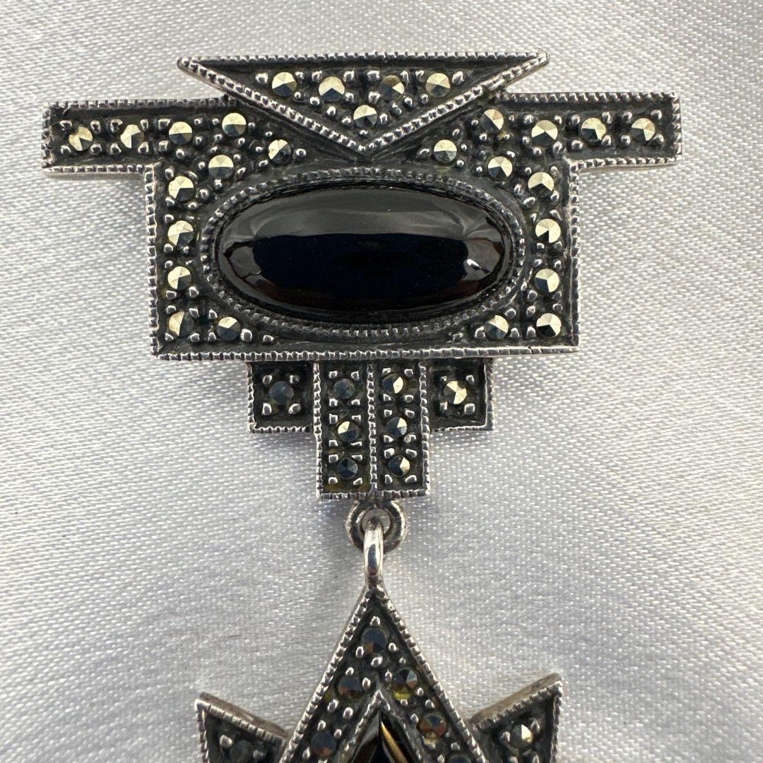Art Deco Beautiful Unique Sterling Silver With Onyx Crystal Drop Brooch Pin For Sale