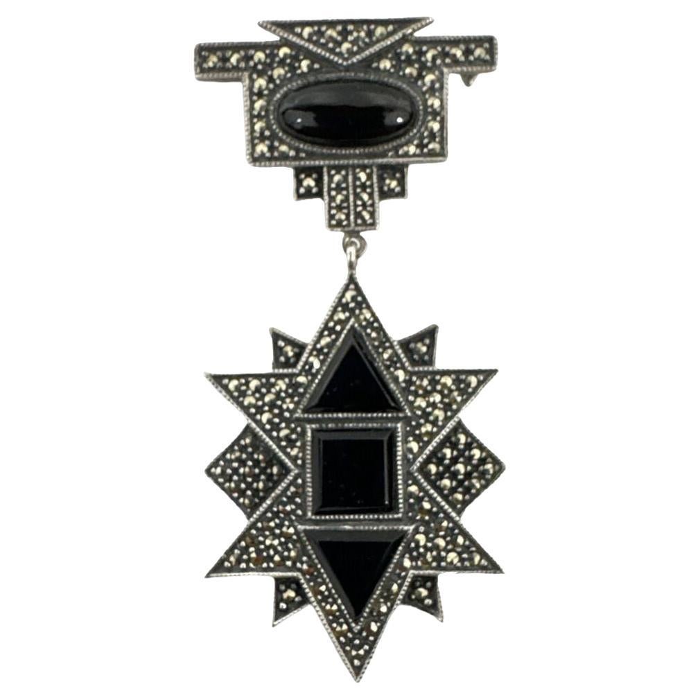 Beautiful Unique Sterling Silver With Onyx Crystal Drop Brooch Pin For Sale